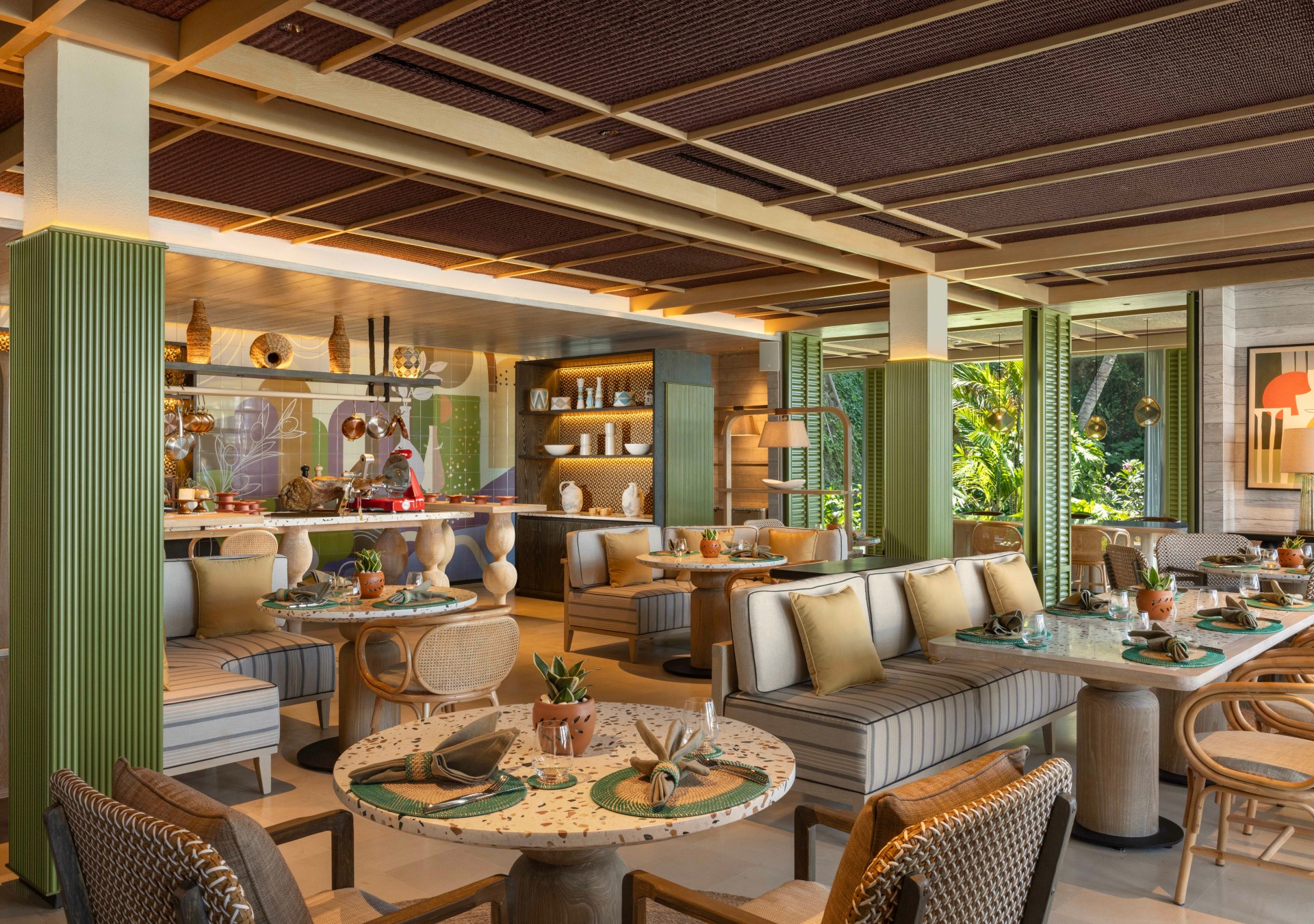 Hilton Bali, Elara Seaside Lounge and Bar, dining area, lamp, bench seating