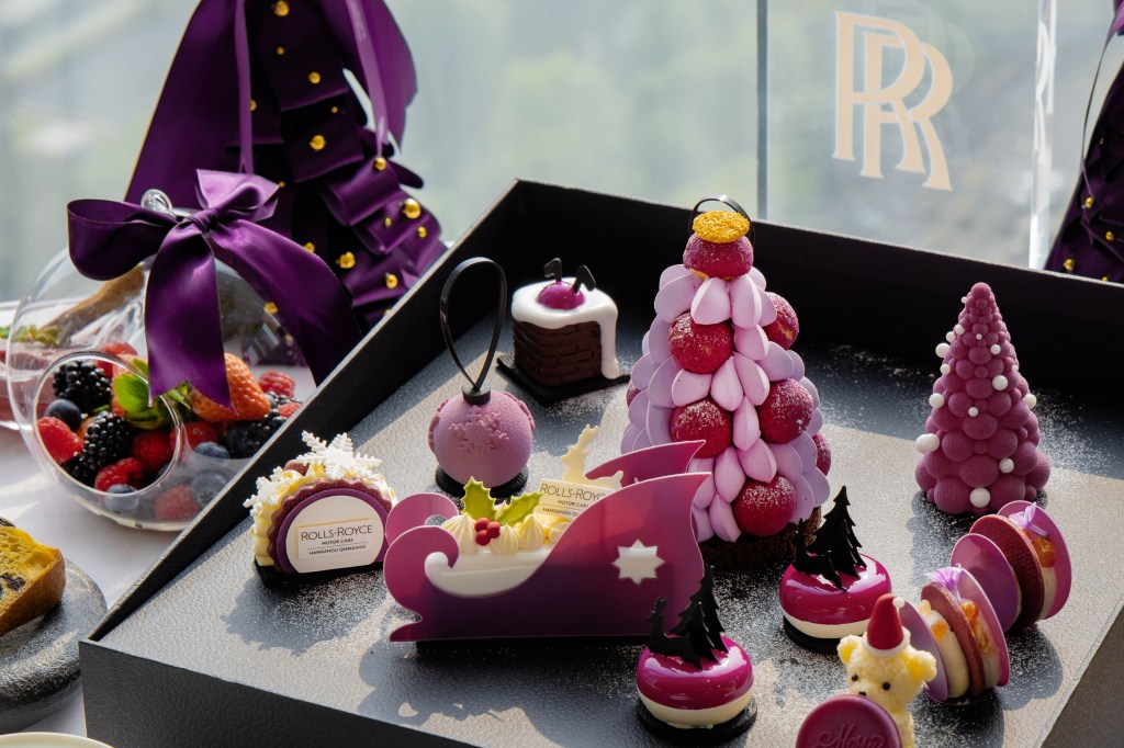 Conrad Hangzhou - Rolls-Royce Tea - variety of purple desserts on a black tray