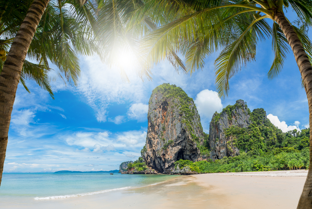 Tropical Beach Of Lamai In Koh Samui, Island In Thailand, palm trees, rock cliffs