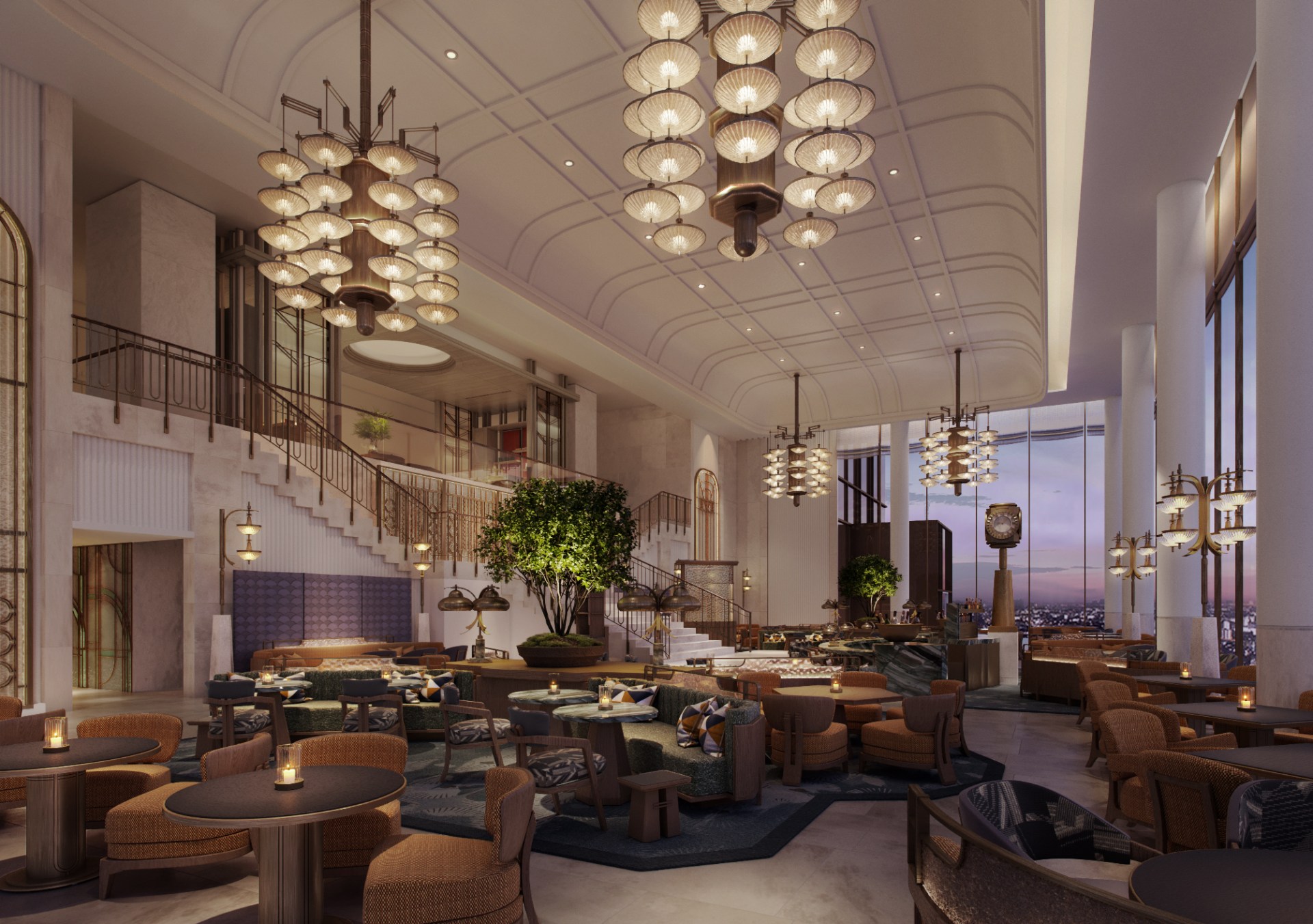 Waldorf Astoria Osaka - Peacock Alley, large seating area with tables and decorative large chandeliers, stairs to upper level, city views