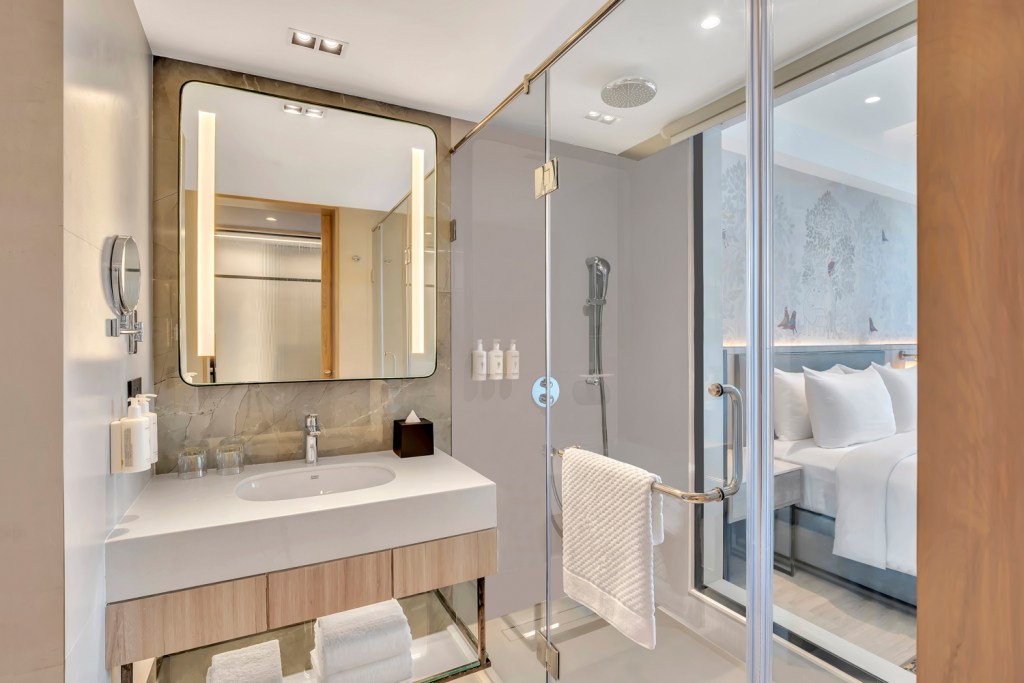 Twin guest bedroom washroom with walk in shower and vanity with large mirror