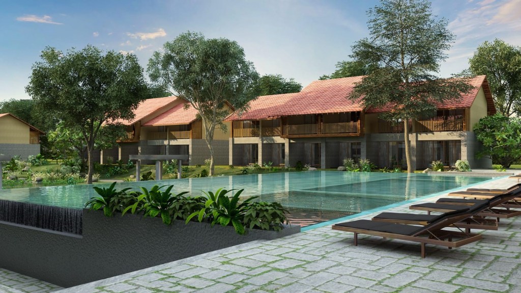 Hilton Hyderabad Genome Valley Resort & Spa rendering, view of infinity pool and chairs looking out to resort buildings