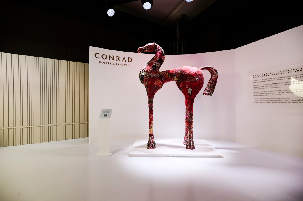 Conrad gallery at Hilton Brand Showcase in India featuring a modern installation curated by conceptual artist Subodh Kerkar - a larger-than-life 3D contemporary sculpture titled ‘Chetak’, inspired by the legendary horse of Maharana Pratap, using Rajasthani textiles, beads and recycled rags.