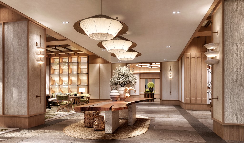 Slohh by Roach, Curio Collection by Hilton rendering - lobby with a variety of cream and wood colors, large table with flowers, overhead lighting features, seating area in the distance