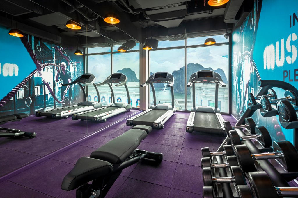 Tru by Hilton Ha Long Hon Gai Centre Gym, gym equipment including treadmills and weights next to windows overlooking Ha Long Bay and large mural of a man working out