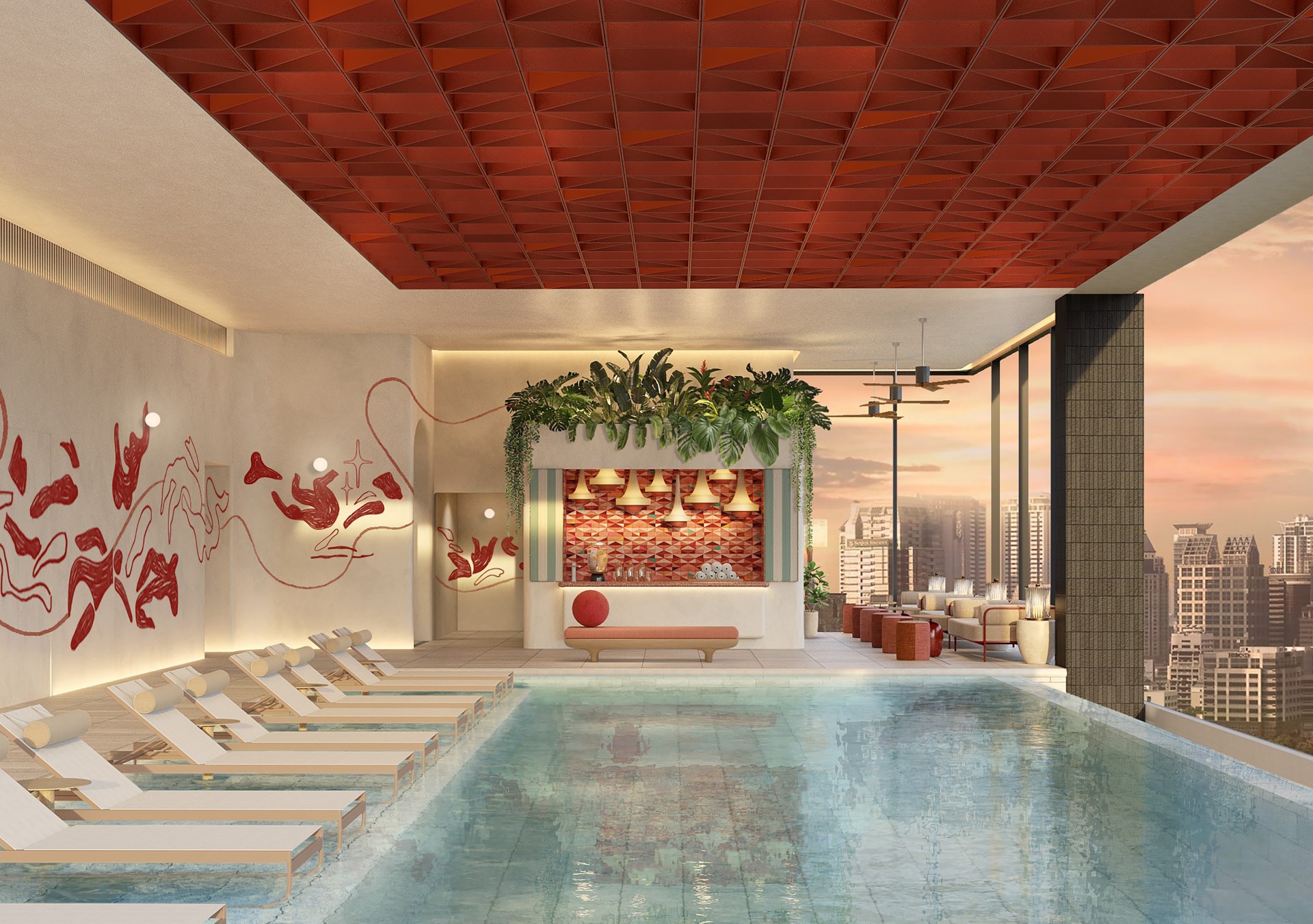 rendering of pool area at with pool and chairs overlooking the city skyline and red ceiling at KROMO Bangkok, Curio Collection by Hilton