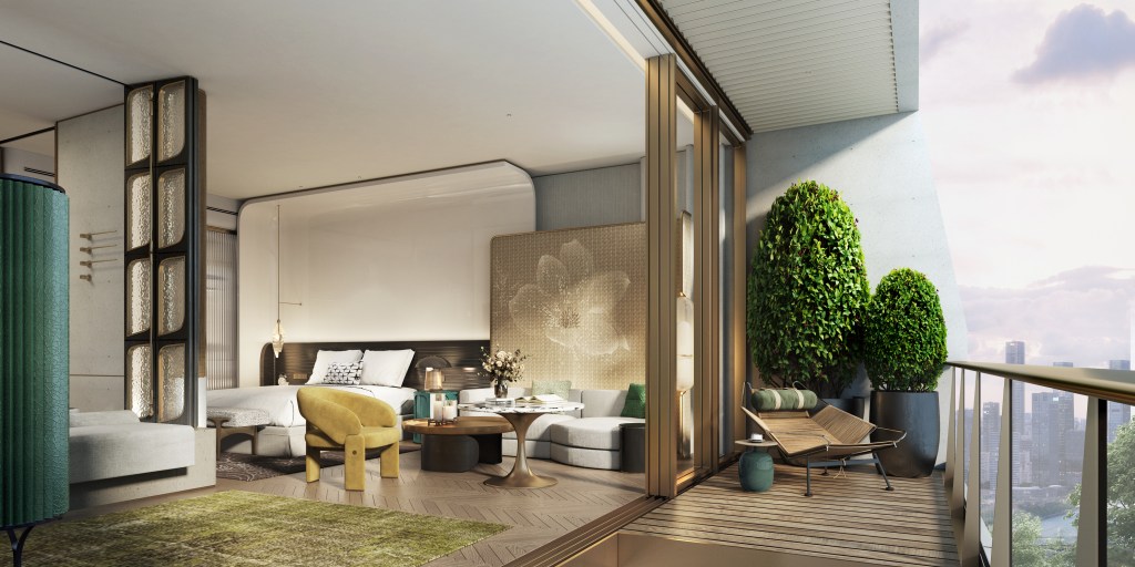 rendering of Waldorf Astoria Shanghai Qiantan room with king bed, variety of seating areas and a flower mural, doors open to balcony