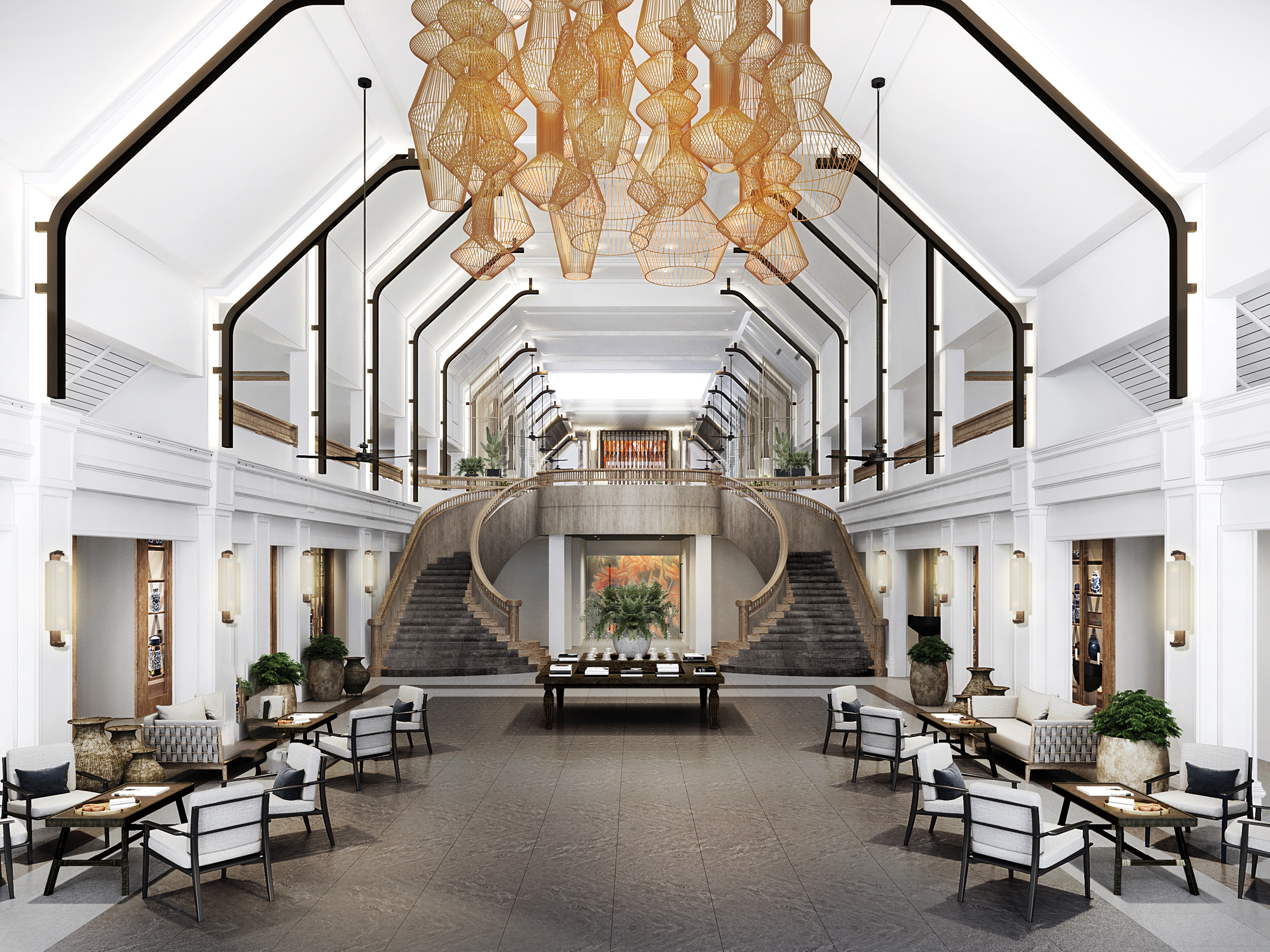 Seating areas on either side leading up to a double staircase