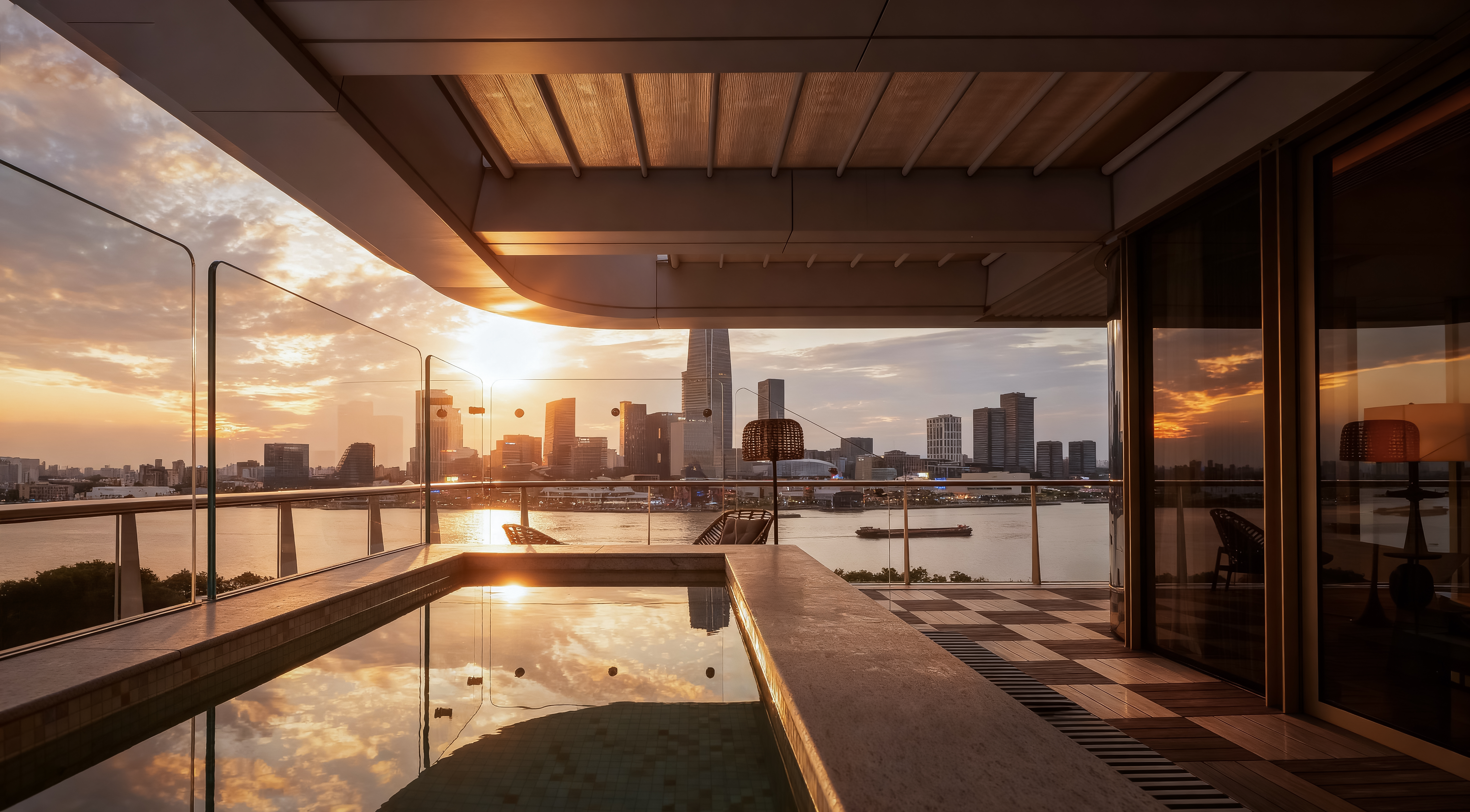 A hot tub looking out over the river and city