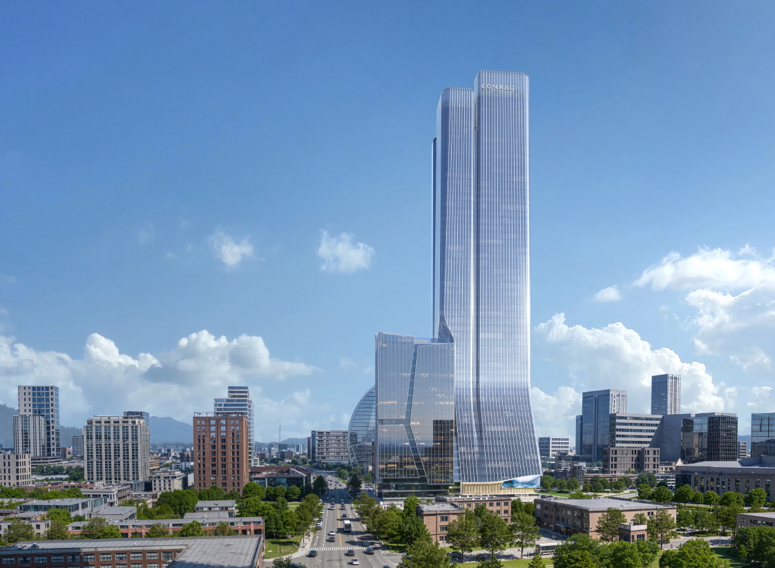rendering of Conrad Ulaanbaatar -A tall, modern glass skyscraper, surrounded by shorter buildings and greenery under a clear blue sky with scattered clouds. A wide road with cars runs through the foreground.