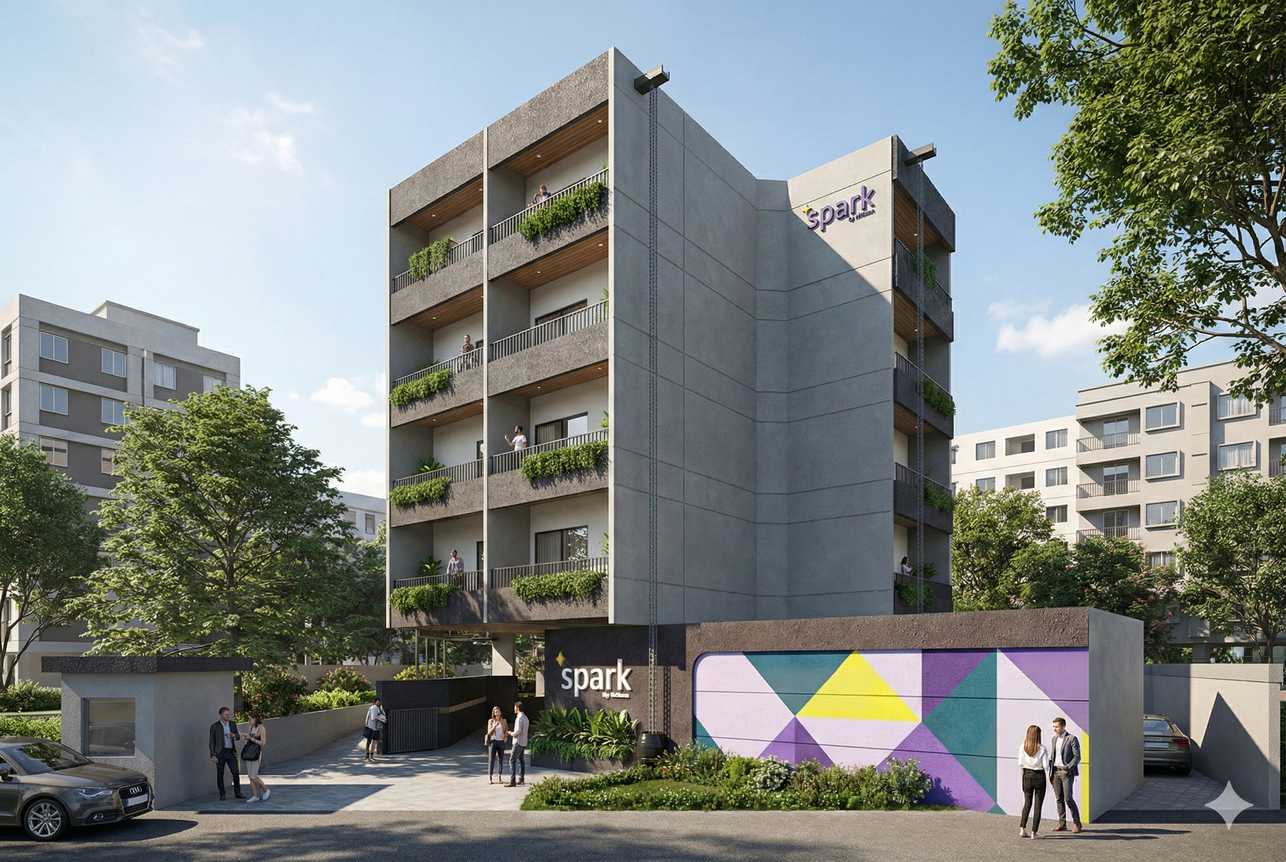 Modern four-story apartment building with balconies and greenery, surrounded by trees and people standing outside.