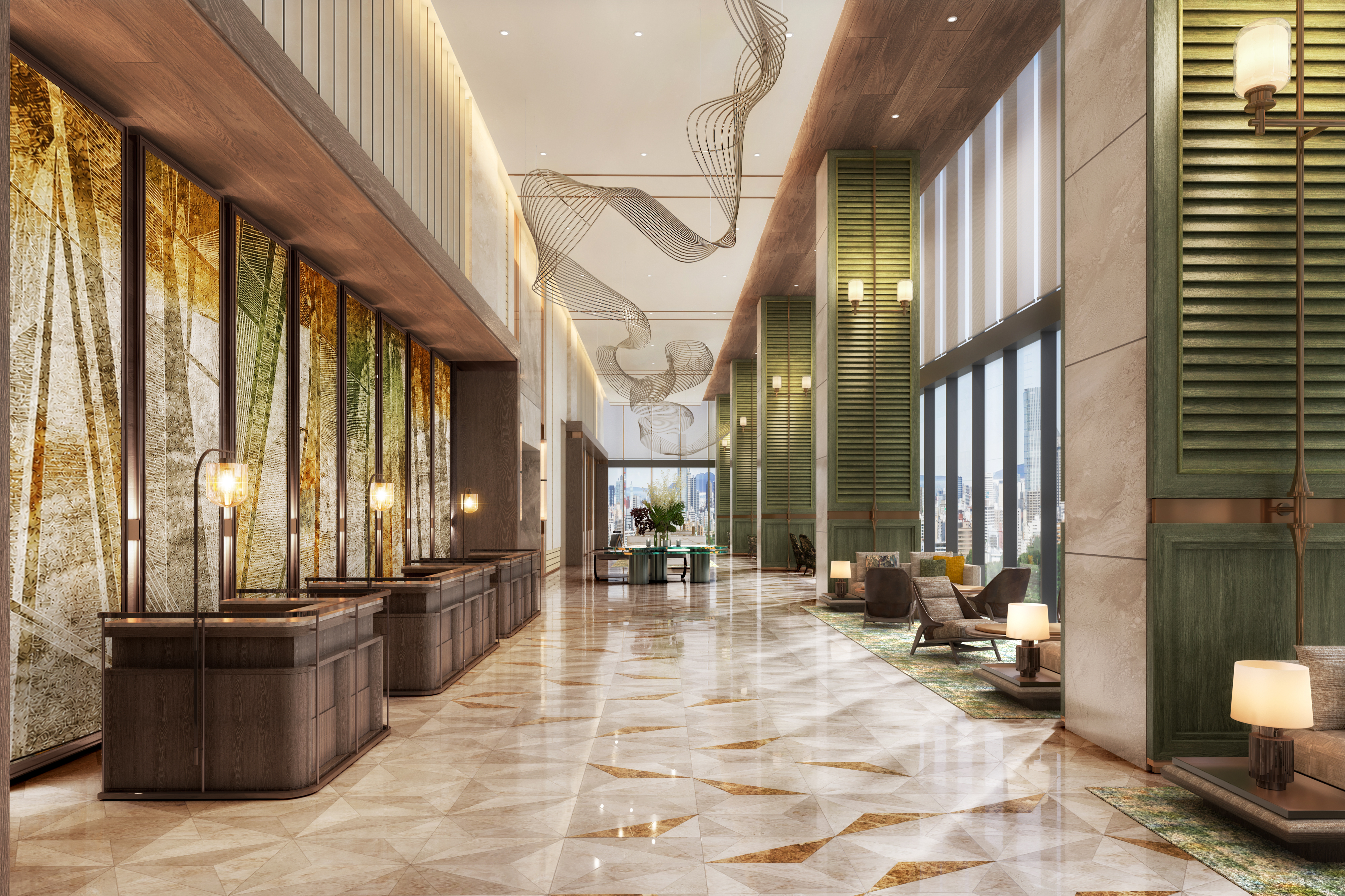 Luxurious lobby of the Conrad Kobe hotel with polished marble floors, modern seating areas, and large windows offering a city view.
