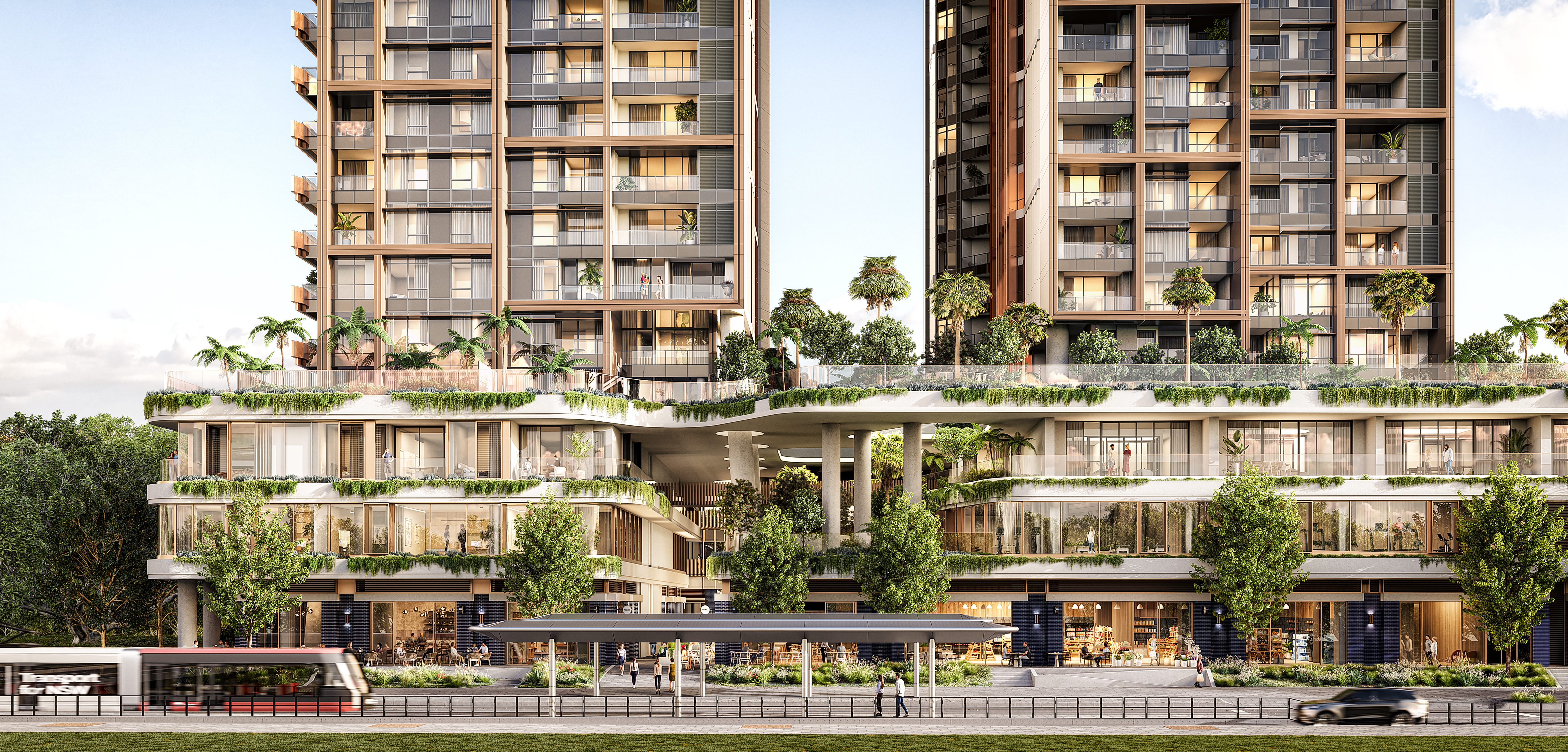 Modern multi-story DoubleTree by Hilton Parramatta building with balconies, greenery, and a street-level tram stop with pedestrians and vehicles.