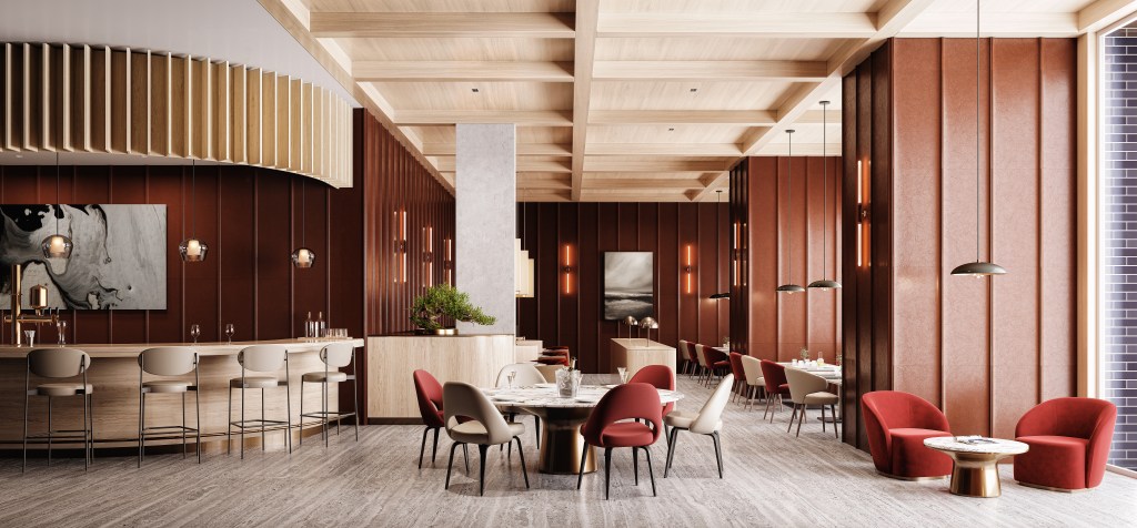 Modern dining area at DoubleTree by Hilton Parramatta with round marble table, red and beige chairs, bar counter with stools, and warm wood paneling.