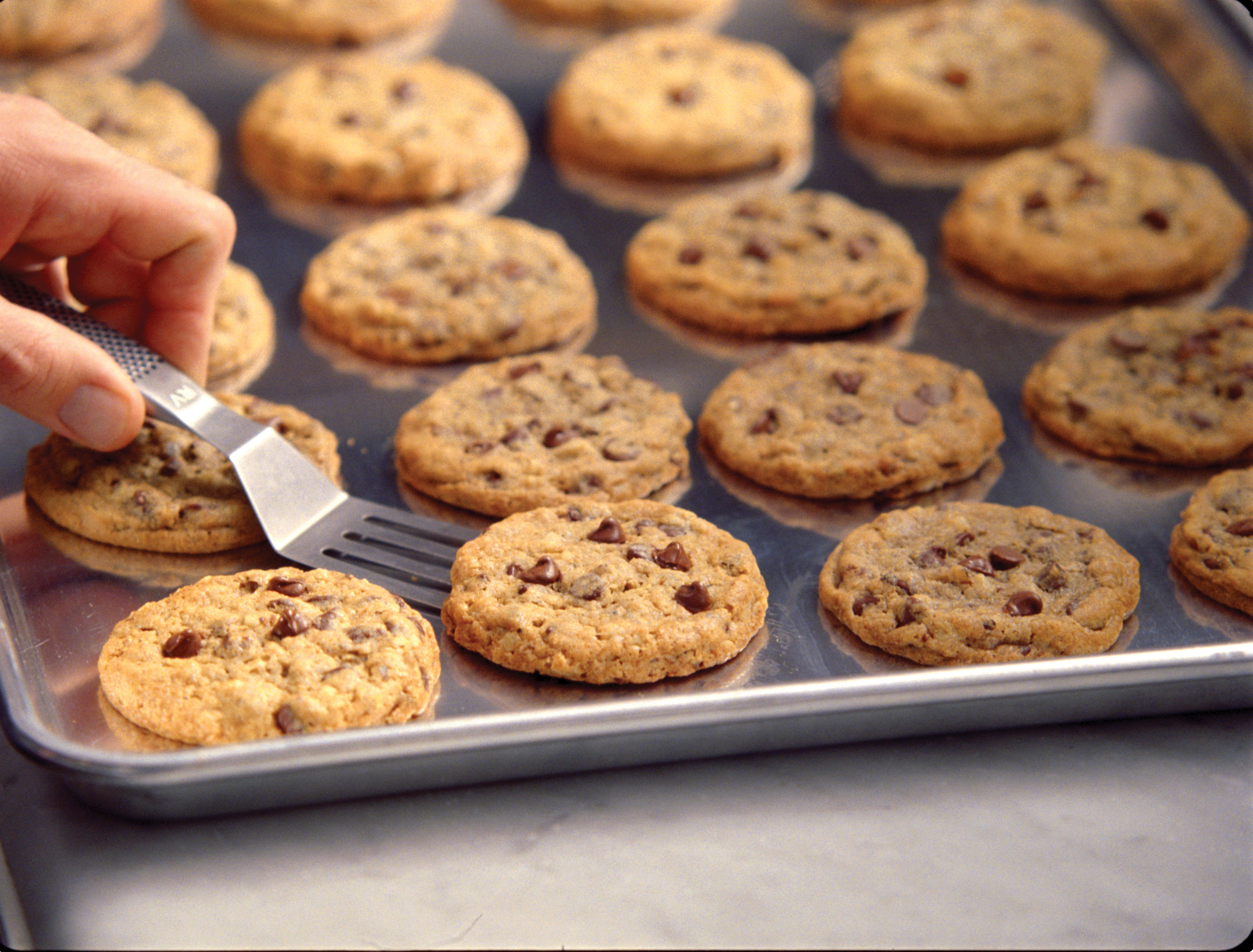 pan of fresh doubletree chocolate chip cookie