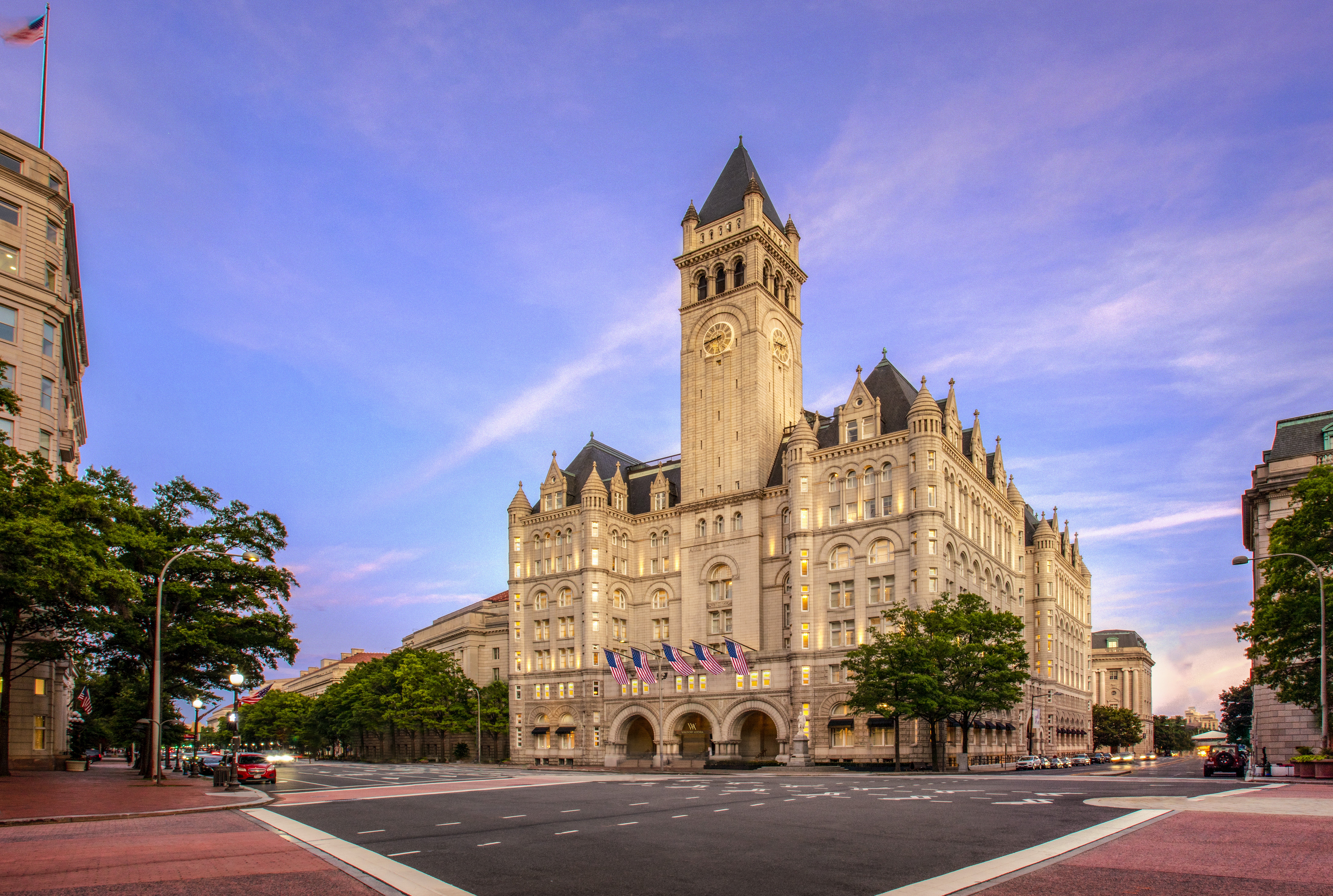 hotel exterior dusk Waldorf Astoria Washington DC