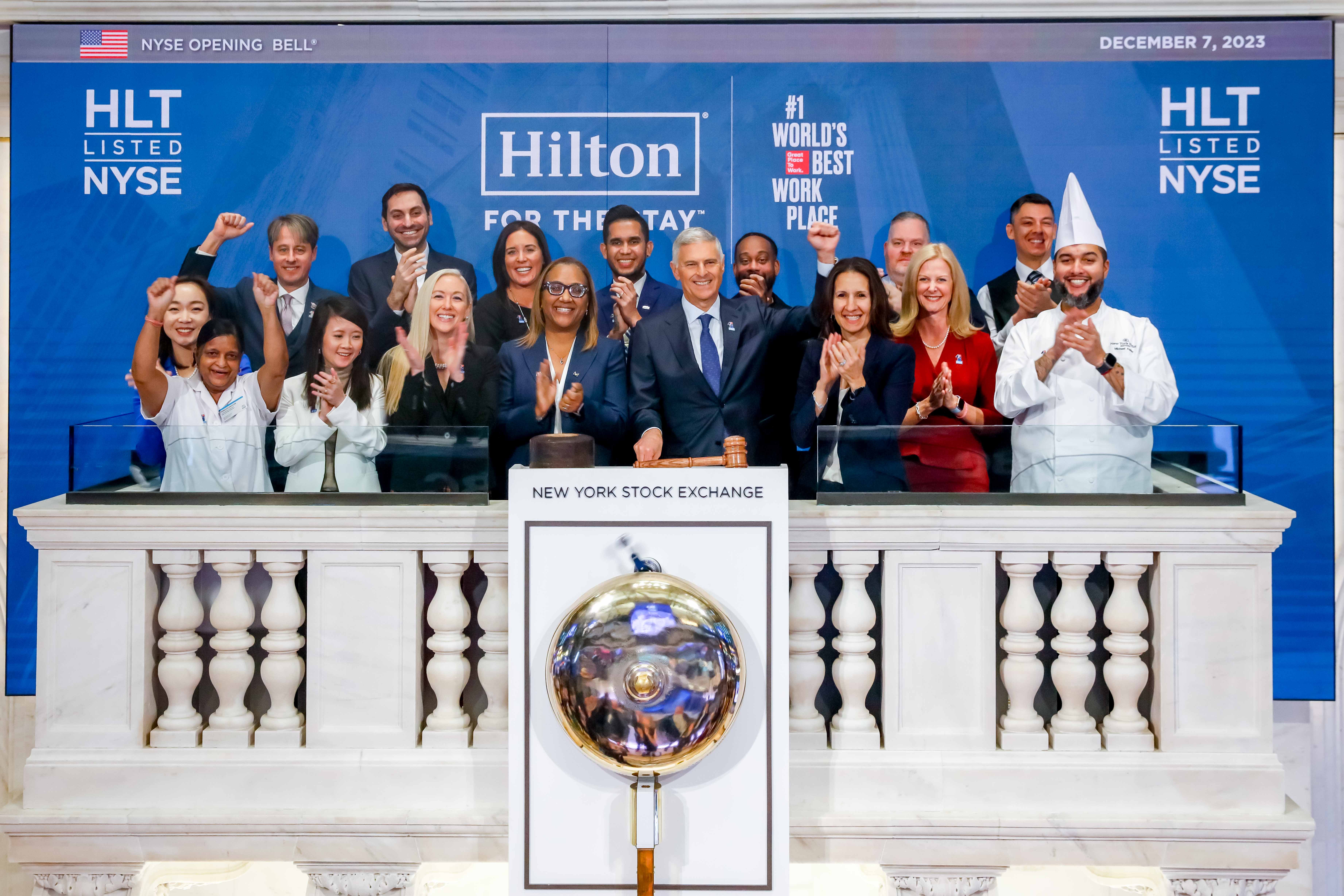 Hilton Worldwide Holdings Inc. (NYSE: HLT) Rings The Opening Bell®  The New York Stock Exchange welcomes Hilton Worldwide Holdings Inc. (NYSE: HLT), today, Thursday, December 7, 2023, in celebration of its 10th anniversary of listing. To honor the occasion, Chris Nassetta, President and Chief Executive Officer, joined by Lynn Martin, NYSE President, rings the Opening Bell®. Photo Credit: NYSE