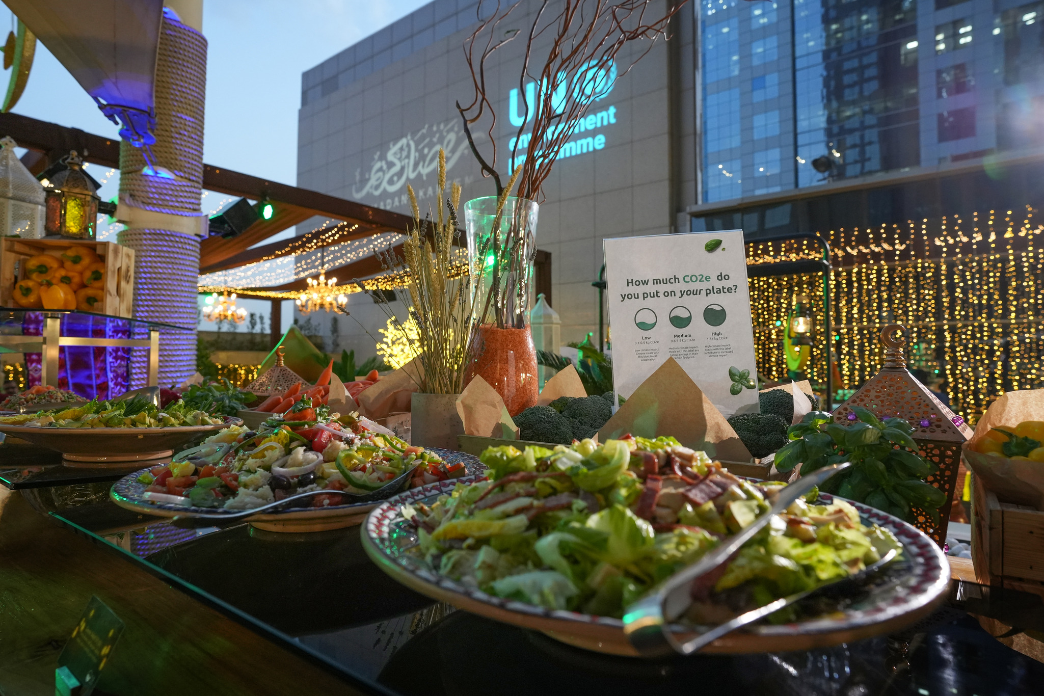 salad buffet with Green Ramadan signage at Conrad Dubai Ramadan Event