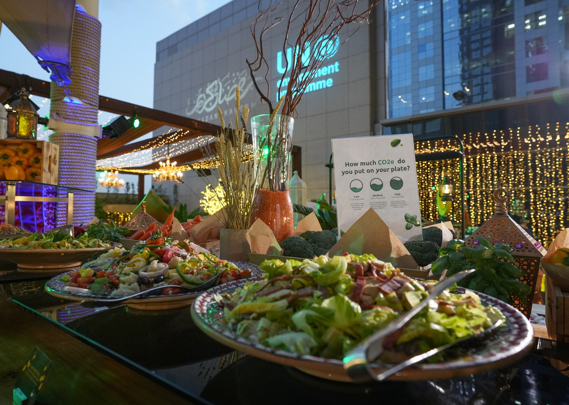 salad buffet with Green Ramadan signage at Conrad Dubai Ramadan Event