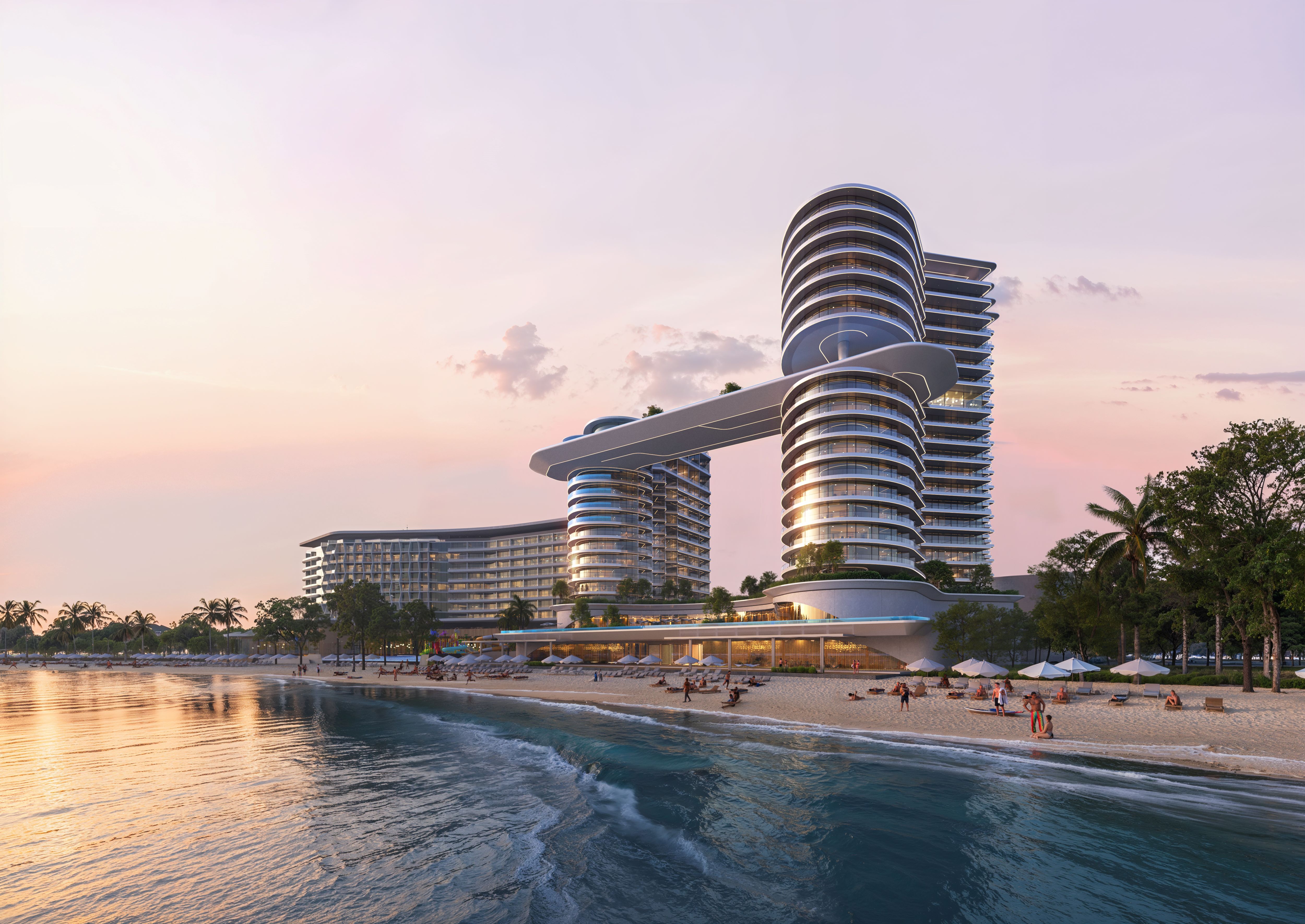 Hilton Marjan Island Beach Resort & Spa - Rendering showing hotel on beach at sunset