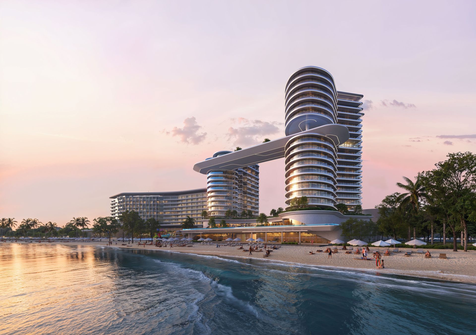 Hilton Marjan Island Beach Resort & Spa - Rendering showing hotel on beach at sunset