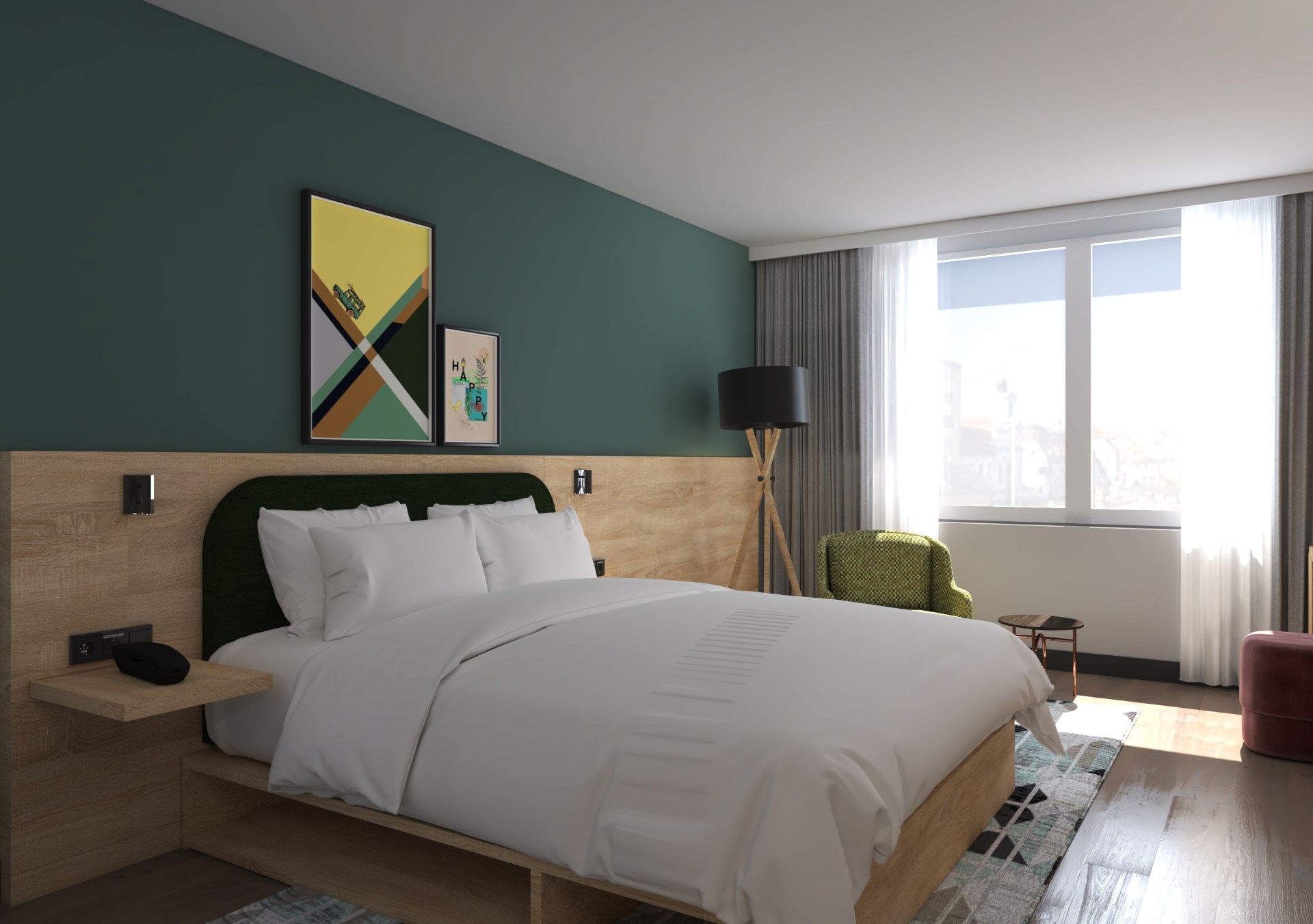 bedroom, chair, lamp, desk, paintings