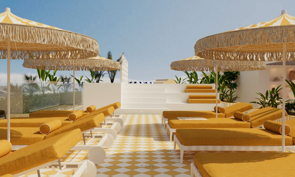 yellow lounge chairs, yellow and white beach umbrellas, white stairs