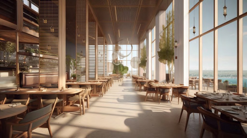 Waldorf Astoria Abu Dhabi - All Day Dining rendering - large, light filled restaurant with floor-to-ceiling windows and light wood tables and chairs