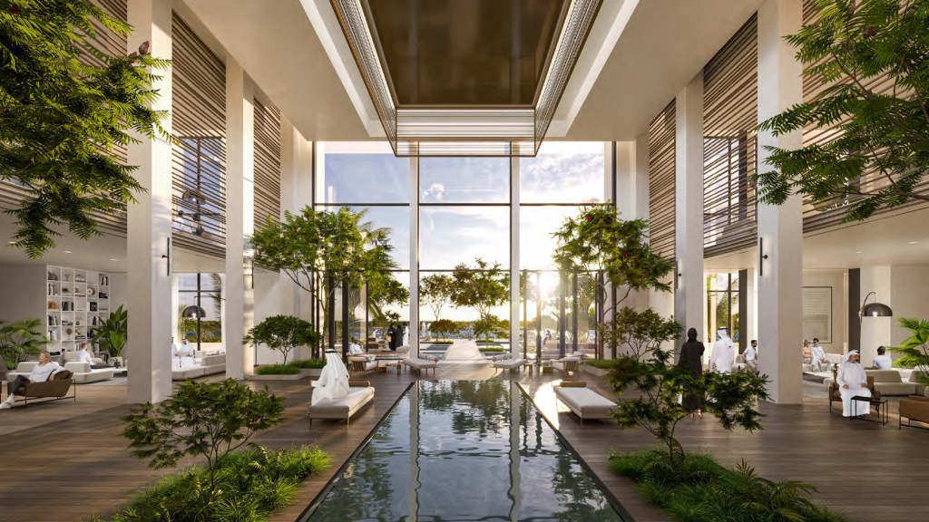 Waldorf Astoria Abu Dhabi - Lobby rendering- water feature in the center of the room, large floor-to-ceiling windows, seating areas and plants throughout