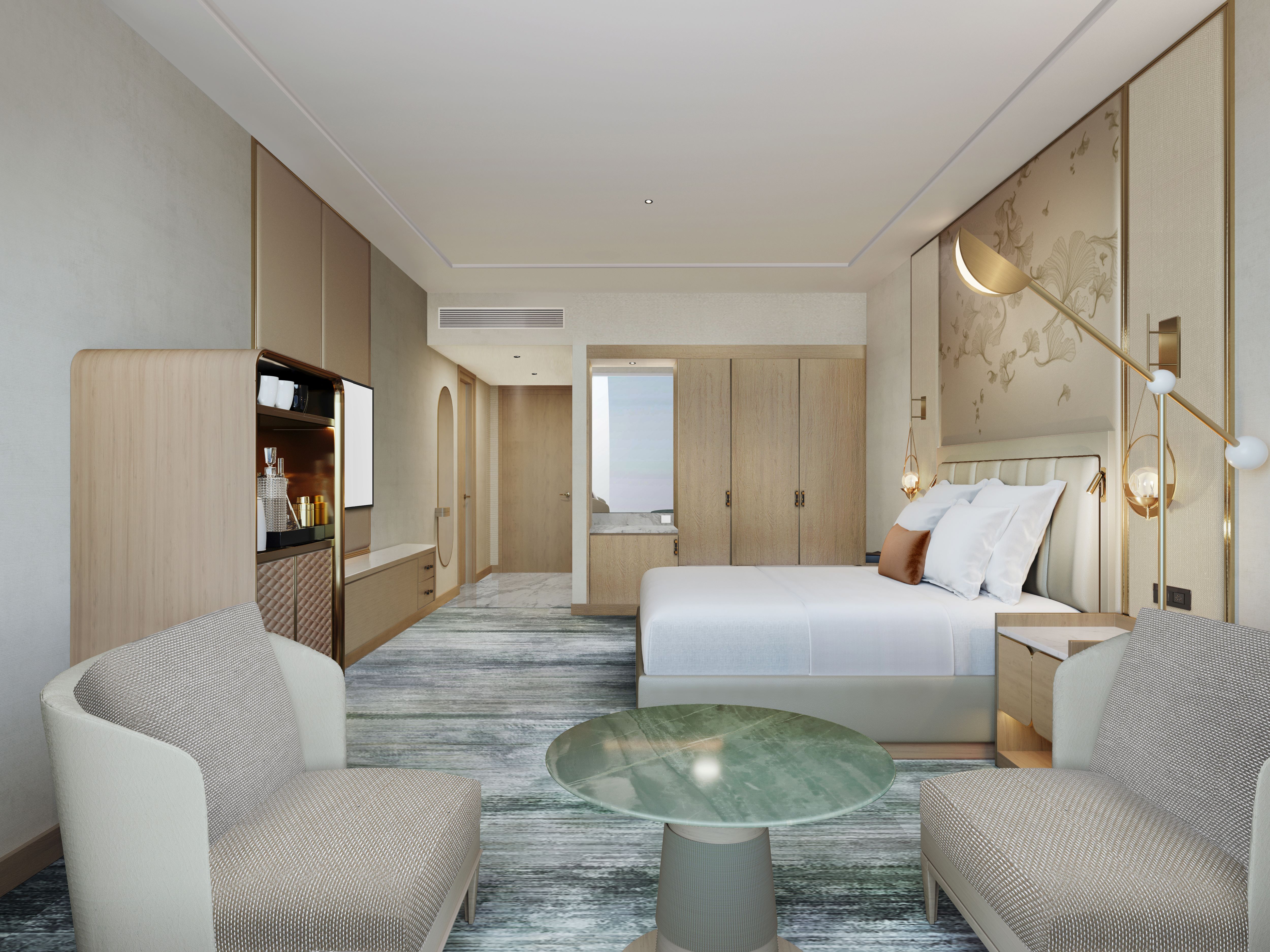 Signia by Hilton Amman - Guest Room Rendering, bed, coffee bar, tv, closet chairs and coffee table