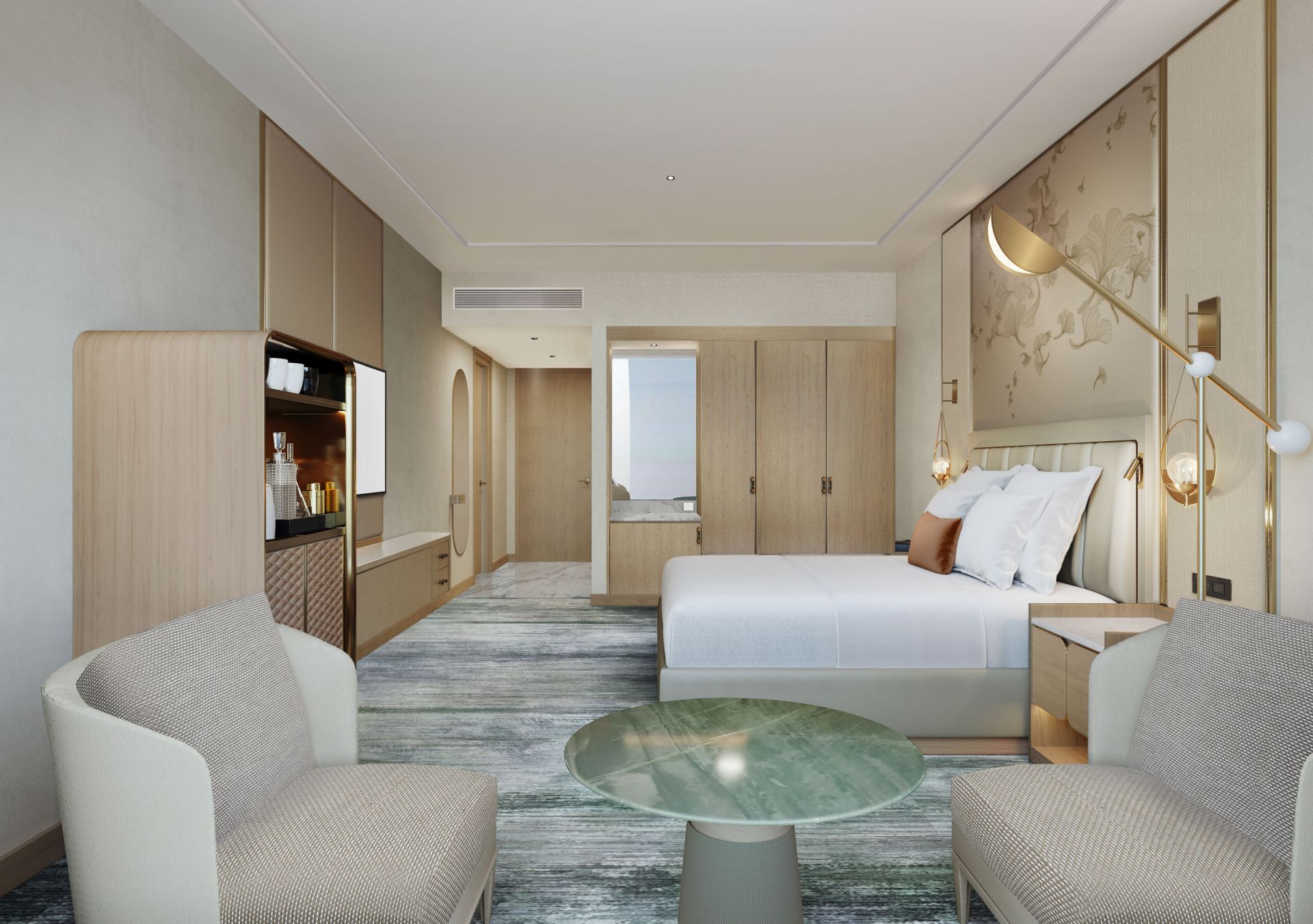 Signia by Hilton Amman - Guest Room Rendering, bed, coffee bar, tv, closet chairs and coffee table
