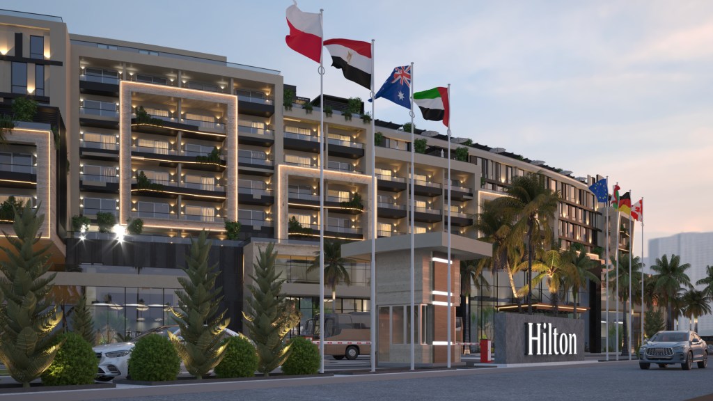 Hilton Cairo Suez Road, exterior, flags, car, bus, balcony