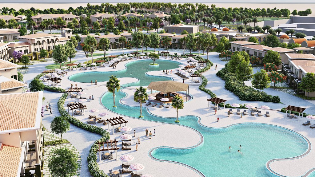 Hilton Marsa Alam Marina, An All Inclusive Resort, pool, palm trees, striped umbrellas, pergola, swimming, lounge chairs