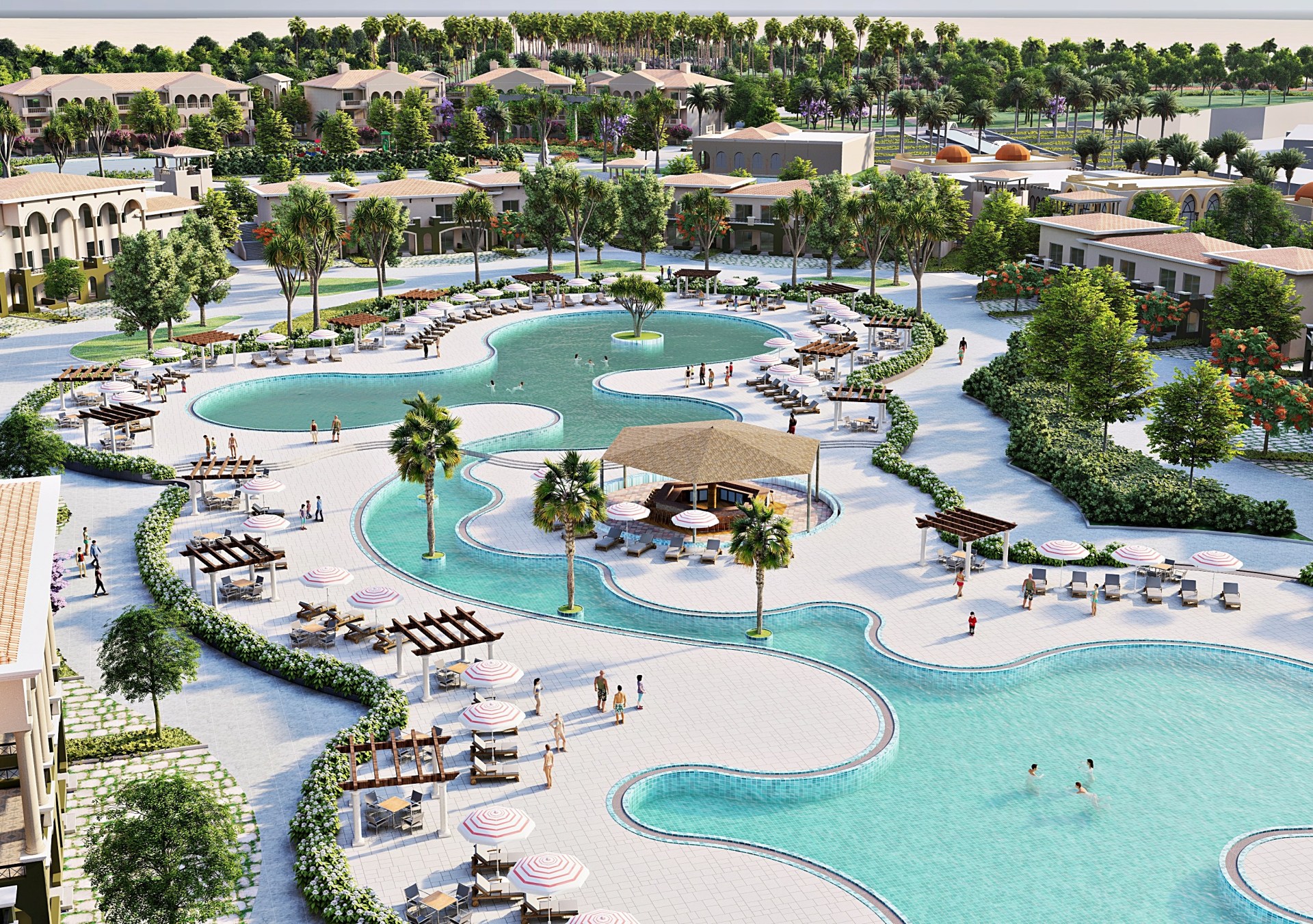 Hilton Marsa Alam Marina, An All Inclusive Resort, pool, palm trees, striped umbrellas, pergola, swimming, lounge chairs