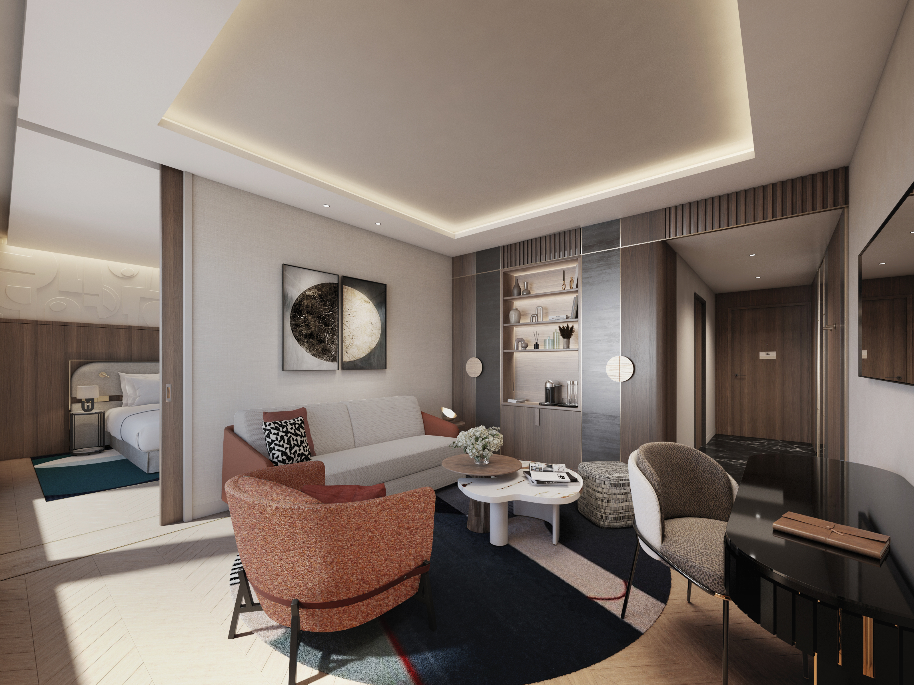 LXR Hotels &amp; Resorts - Casablanca, seating area, couch, chairs, desk, entrance way, shelf