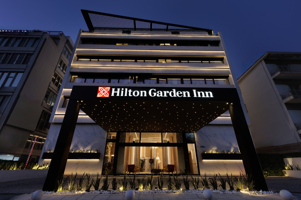 The front entrance of the Hilton Garden Inn in Athens, Greece