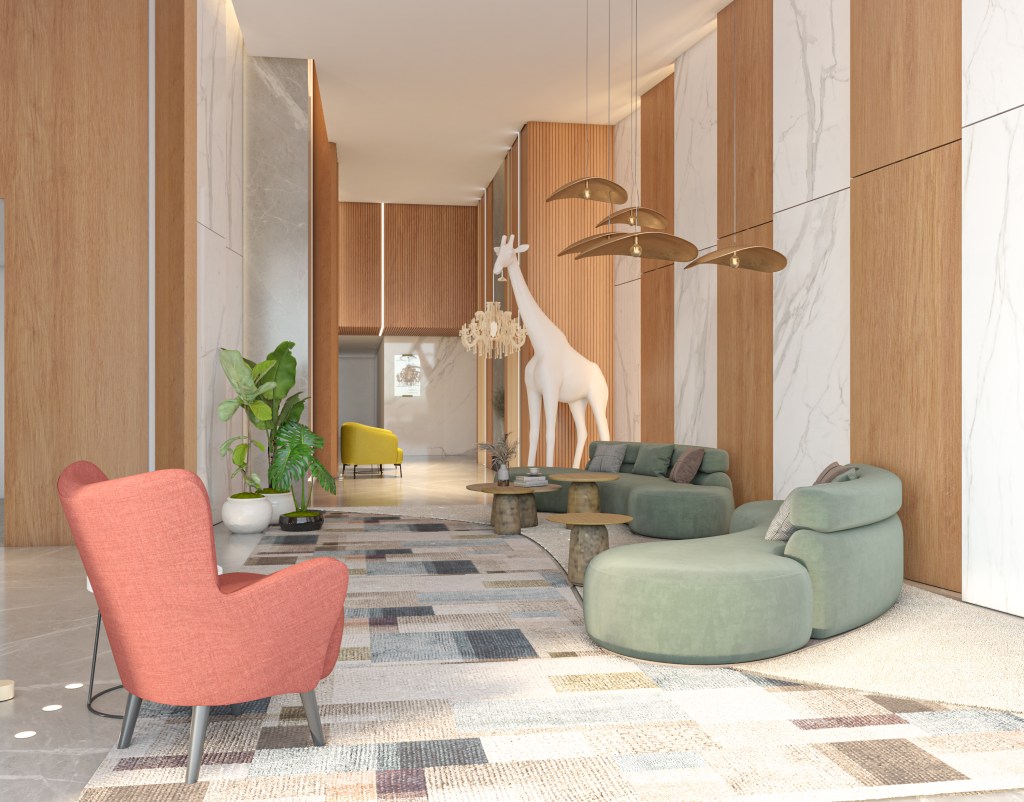 The reception area of the Hilton Garden Inn, in Athens, Greece. Seating area with green couches and red and yellow chairs, giraffe statue