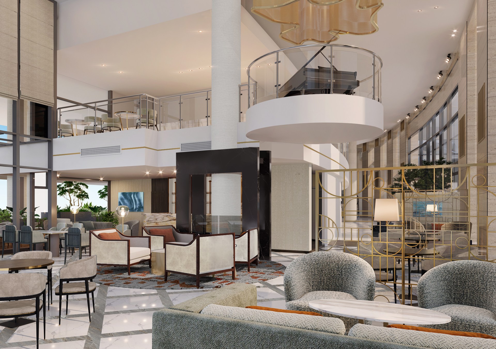 Signia by Hilton Amman - Rendering, lobby seating area with various tables and chairs view of second floor with grand piano