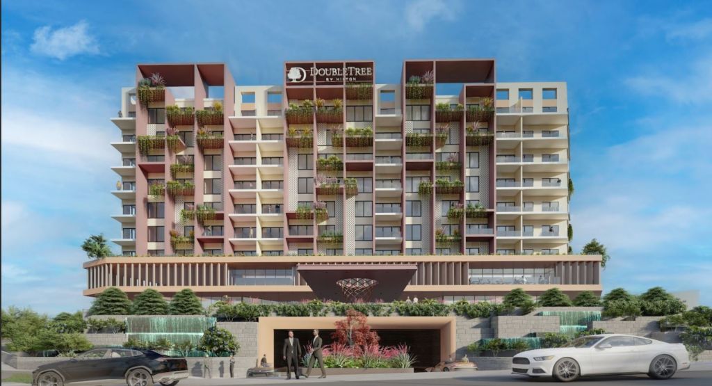 DoubleTree by Hilton Adama, Exterior, potted plants, balcony, cars, waterfall fountains, trees, green landscaping, roof garden