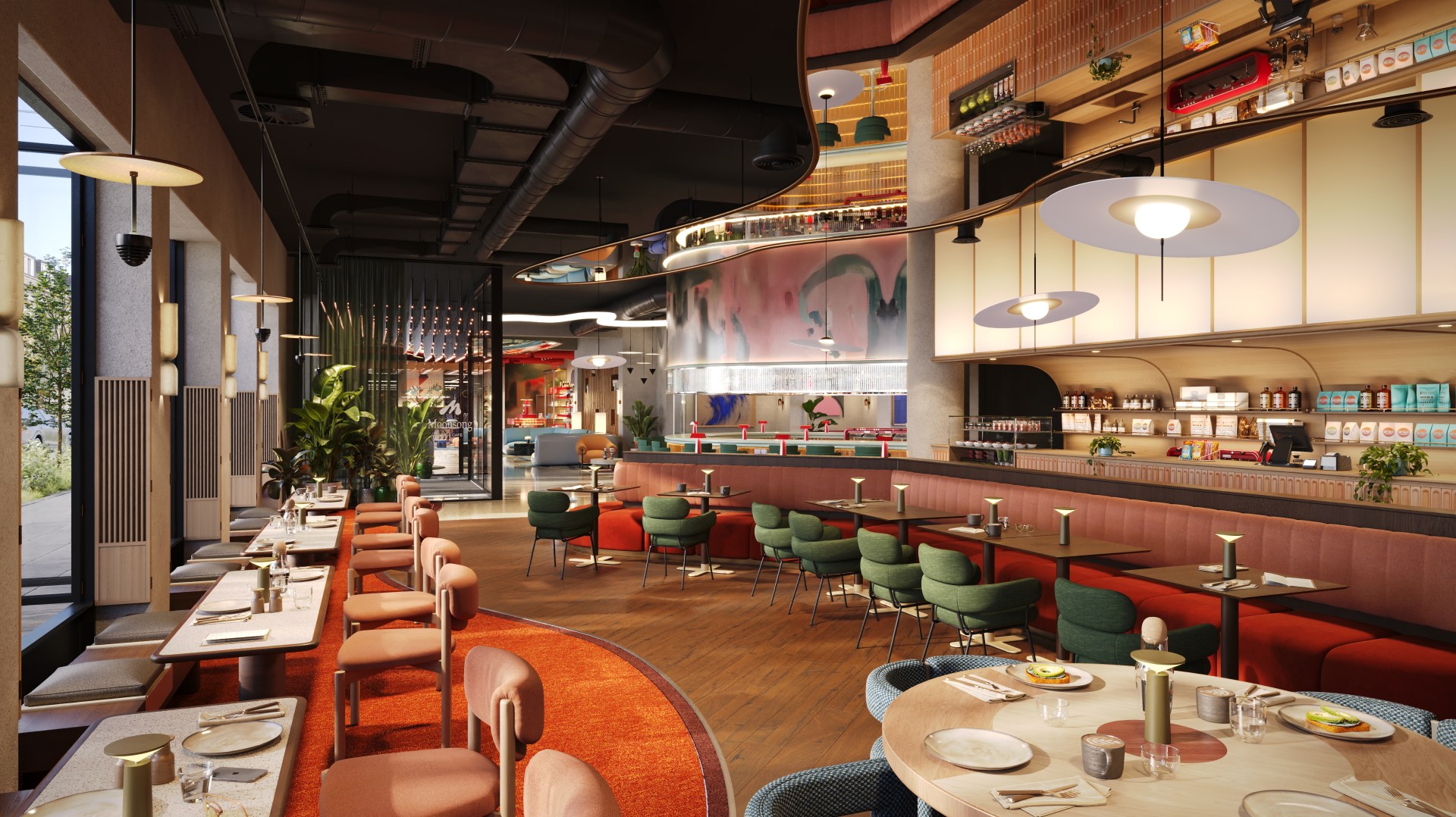 Tempo by Hilton - Restaurant, large windows, several seating areas with colorful green chairs, orange chairs and flooring, wood floors, overhead mirror, and coffee bar area in the background