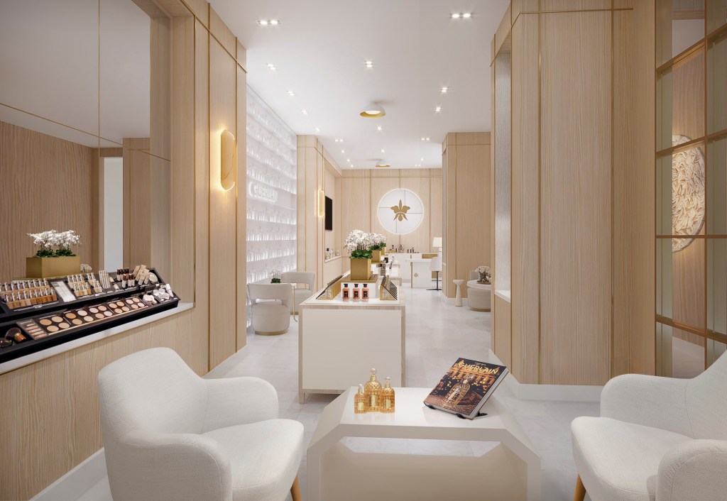 Guerlain Wellness Spa at Waldorf Astoria New York - Retail Boutique - Wimberly Interiors, lounge seating area, makeup bar