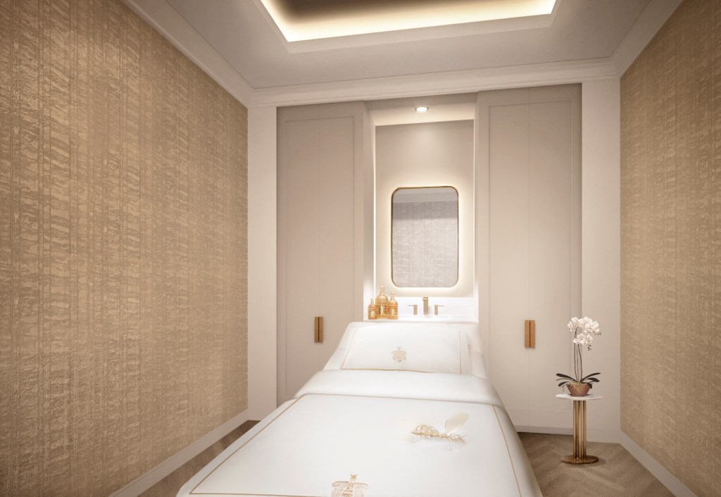Guerlain Wellness Spa at Waldorf Astoria New York, Wimberly Interiors, Treatment Room, Massage table foot of bed view