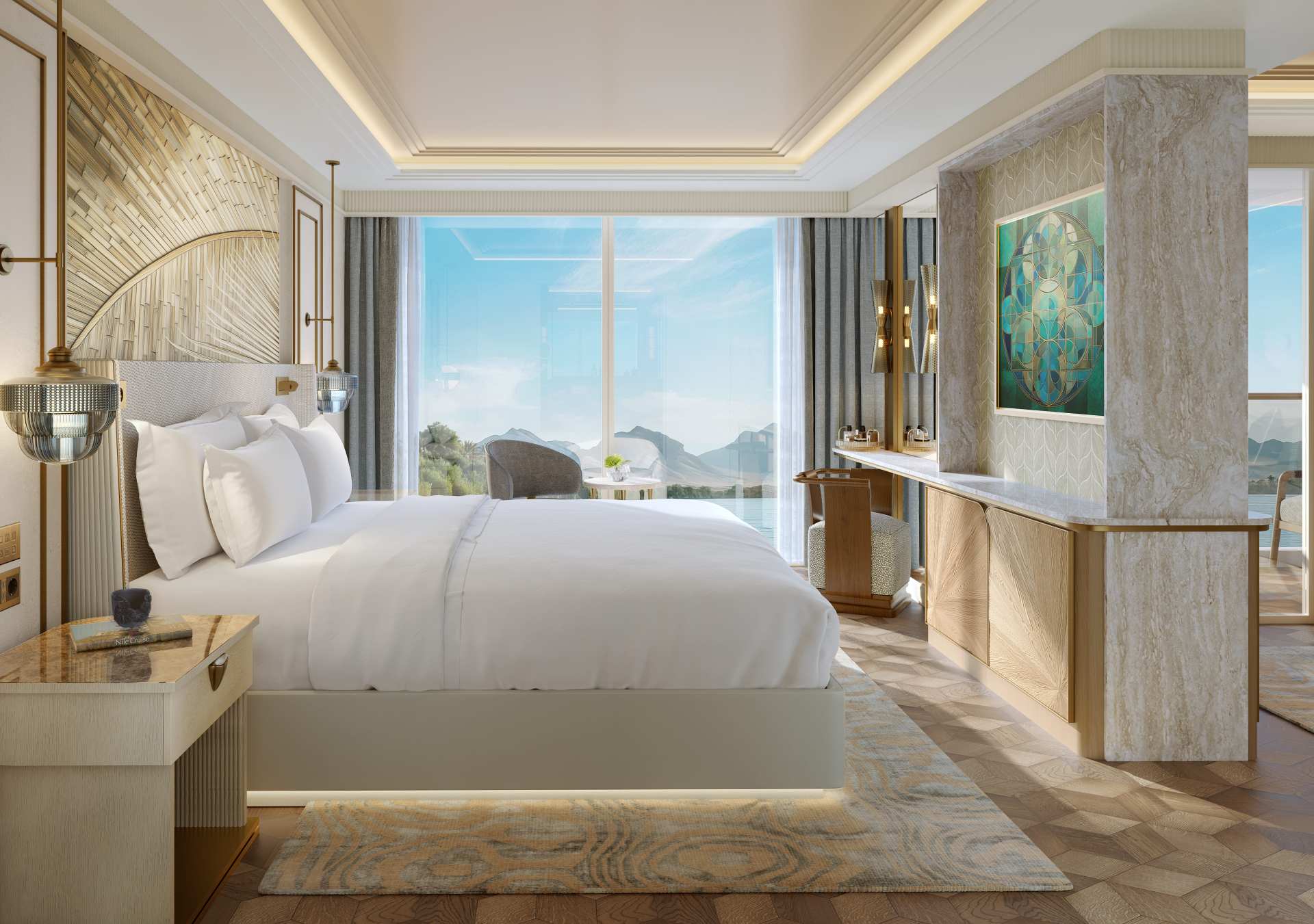 Bedroom with a bed with side tables that have lights above them with a view from a window that has lounge seating next to it, wall with wooden doors and a framed hanging artwork, balcony with lounge seating, area rugs on wood designed flooring