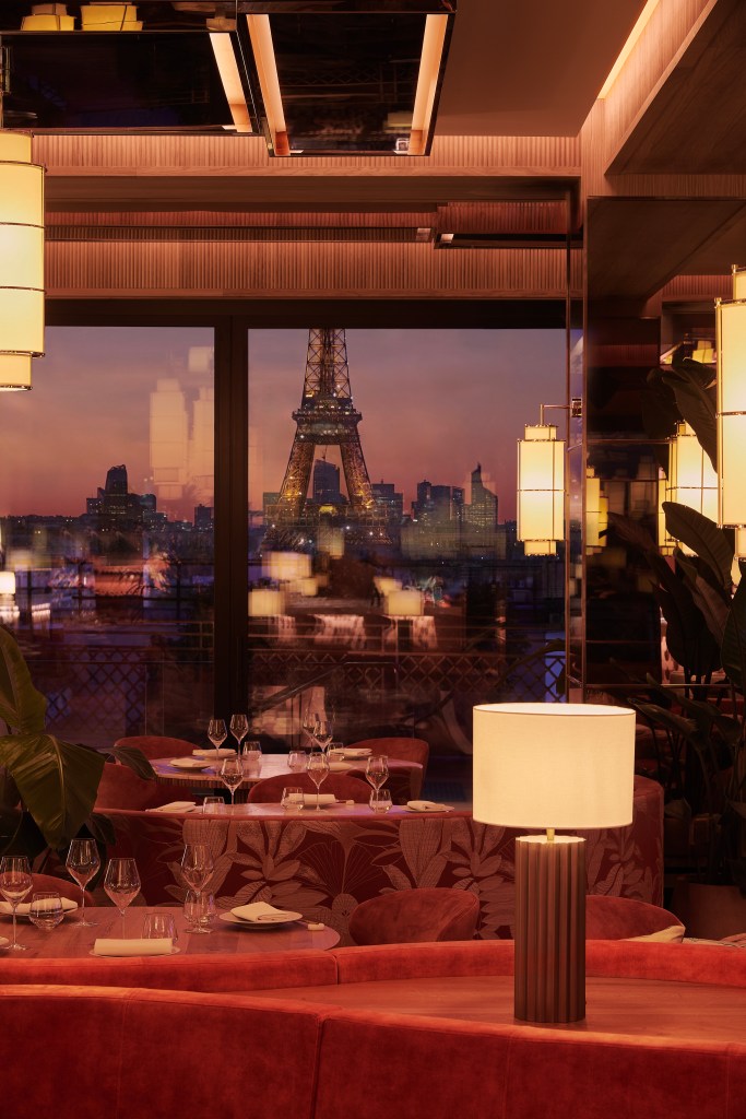 Sax Paris, LXR Hotels &amp; Resorts - Kinugawa Restaurant Night - Credit - Claire Israel, view of Eiffel Tower from dining area