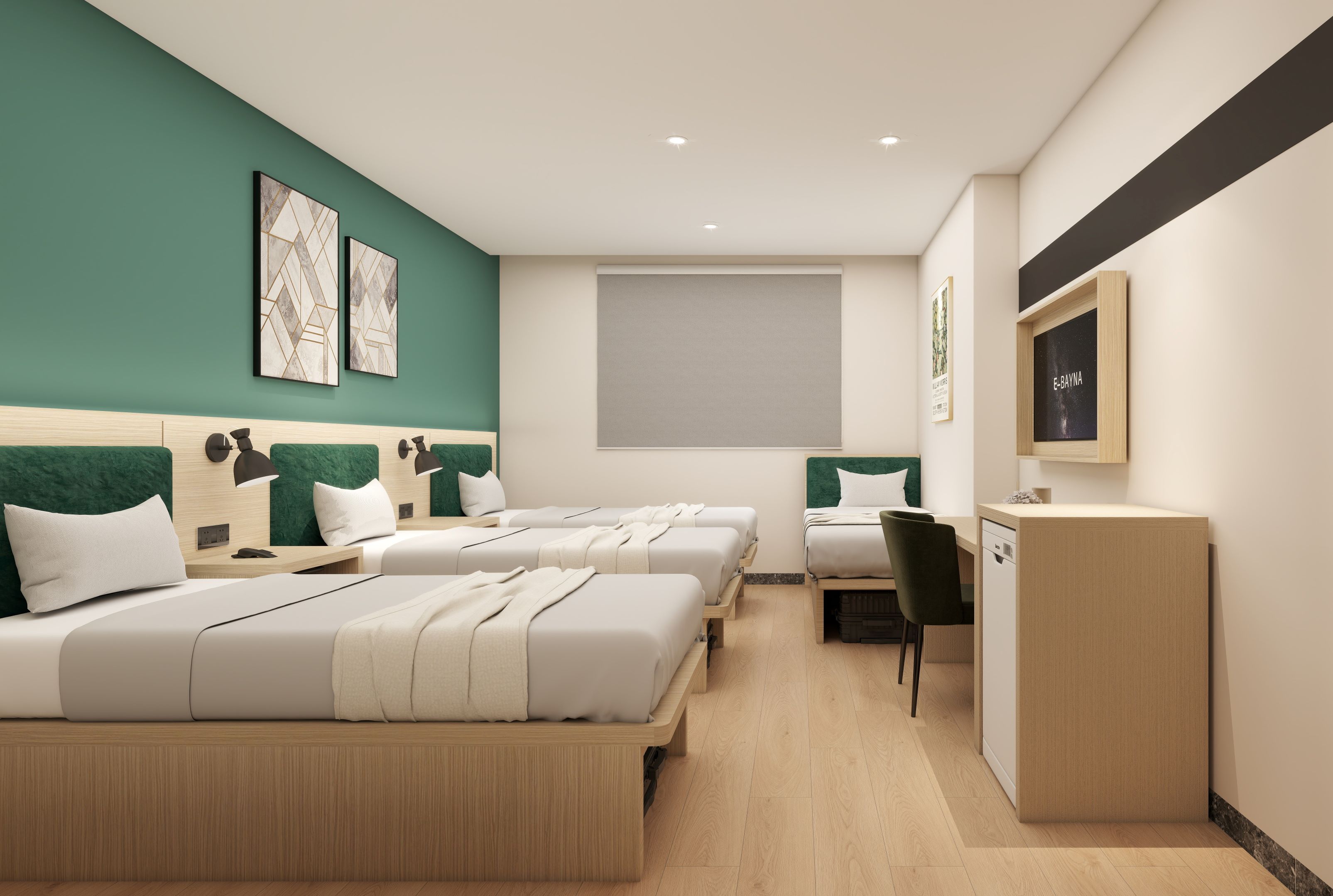 Spark by Hilton Makkah Aziziyah, Four twin beds with artwork hanging on the walls and a desk with a chair and a mini refridgerator