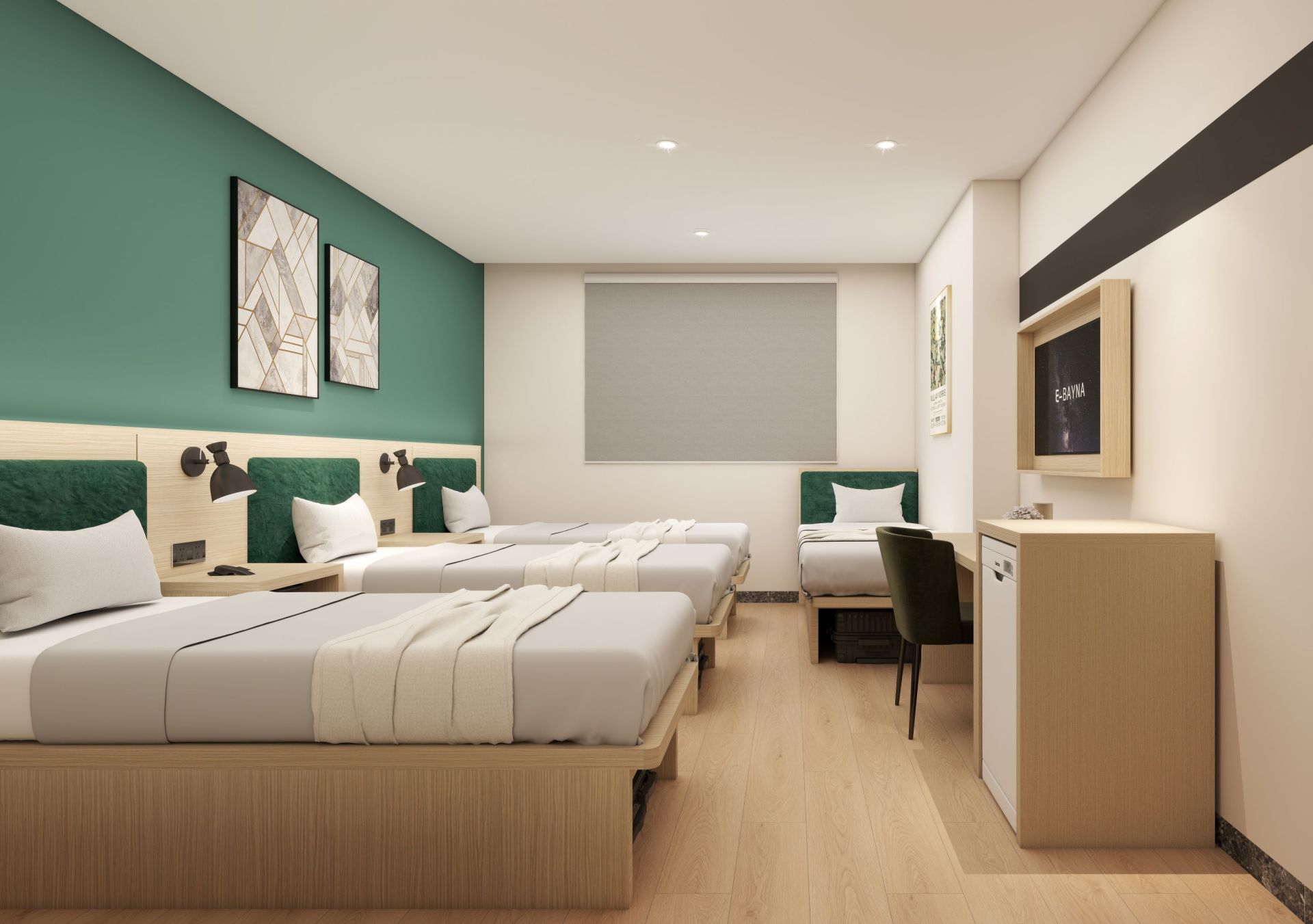 Spark by Hilton Makkah Aziziyah, Four twin beds with artwork hanging on the walls and a desk with a chair and a mini refridgerator