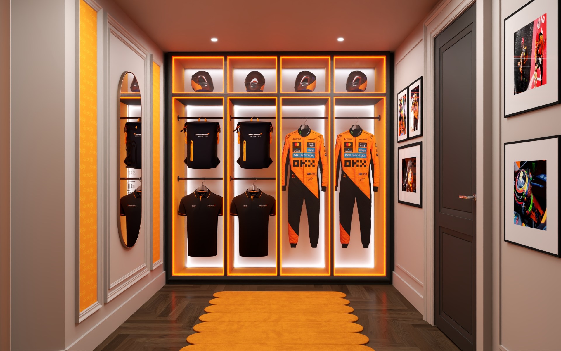 Stay Like McLaren Racing Suite at The Trafalgar St. James London, Curio Collection by Hilton - wall with McLaren shirts, bags, racing suits, helmets