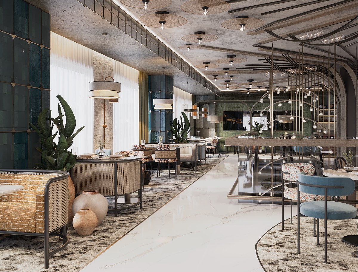 Diyar Ajwa, Tapestry Collection by Hilton - Restaurant, seating area with tables, chairs and decorative lightbulbs