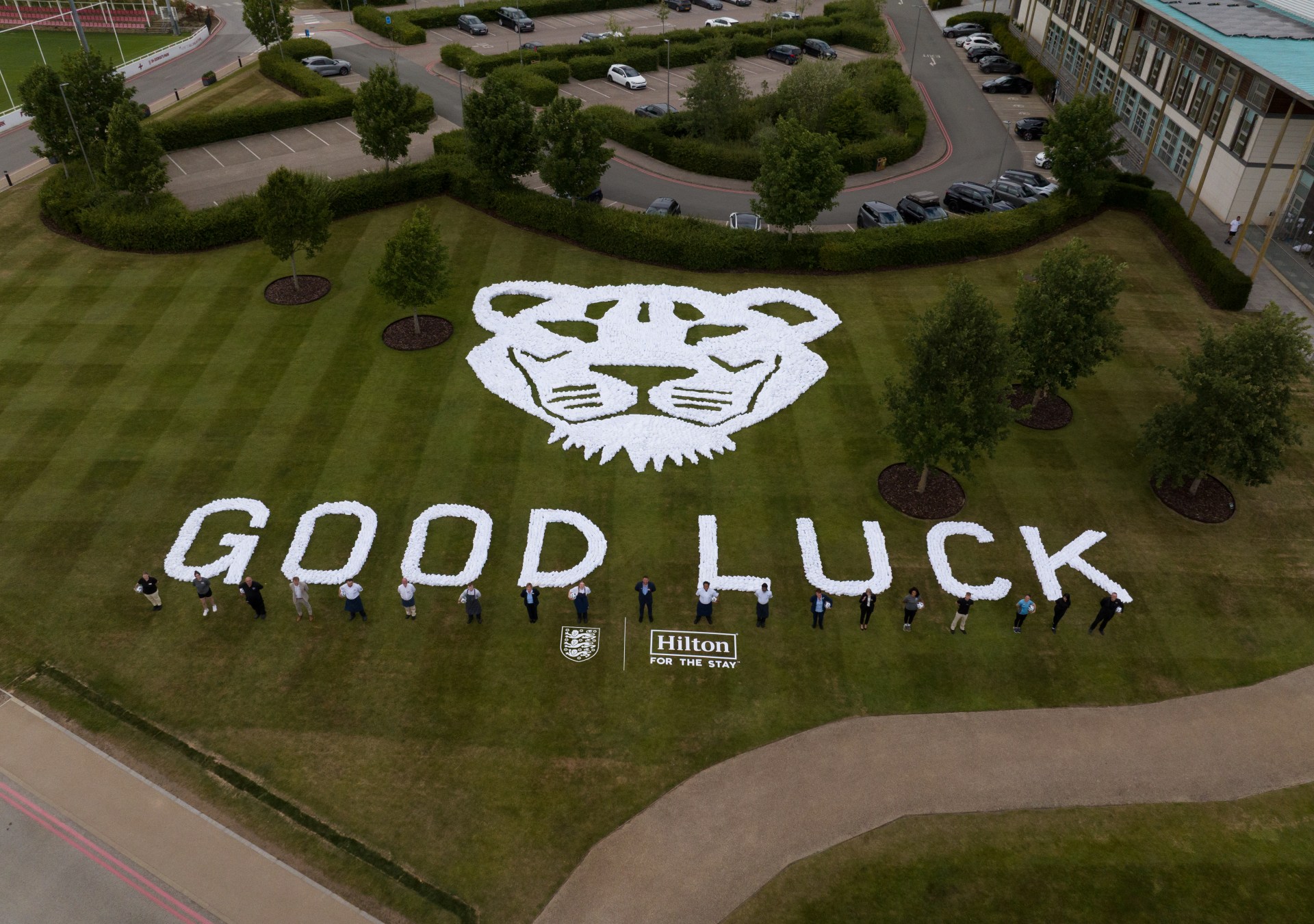 aerial view of the team members with the towel art send off created at Hilton at St George's Park for Lionesses by Hilton, Official Hotel Partner of the England Teams