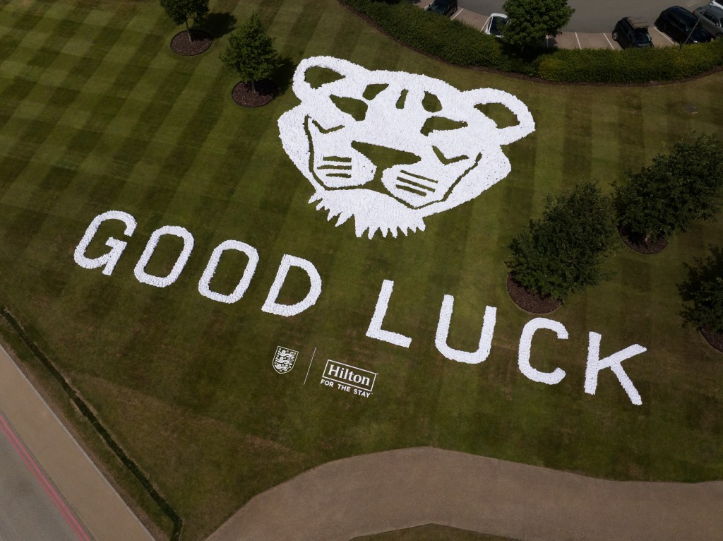 aerial view of the towel art send off created at Hilton at St George's Park for Lionesses by Hilton, Official Hotel Partner of the England Teams